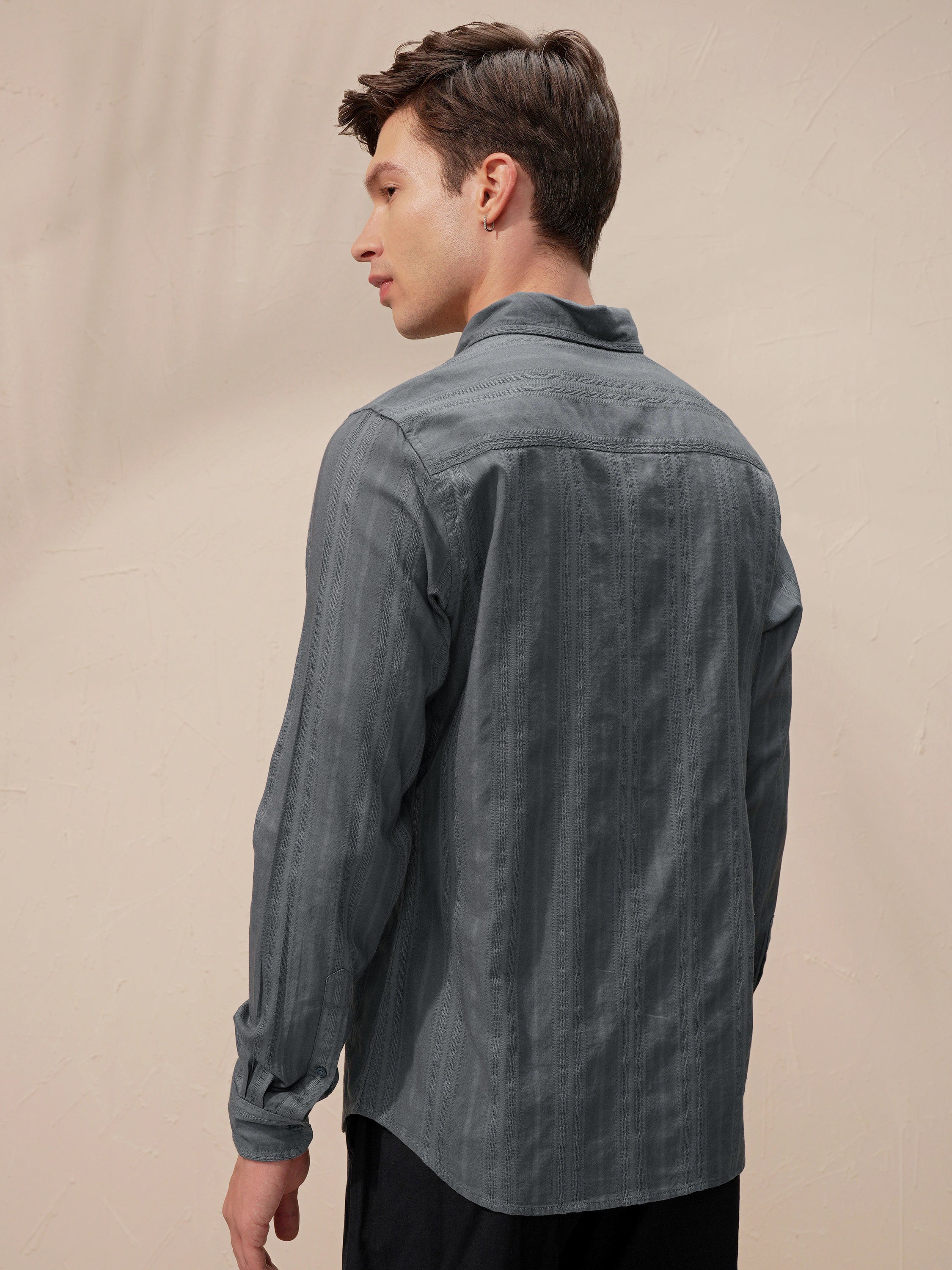 Highlander Men Grey Self Design Slim Fit Casual Shirt - Grey - Image 3