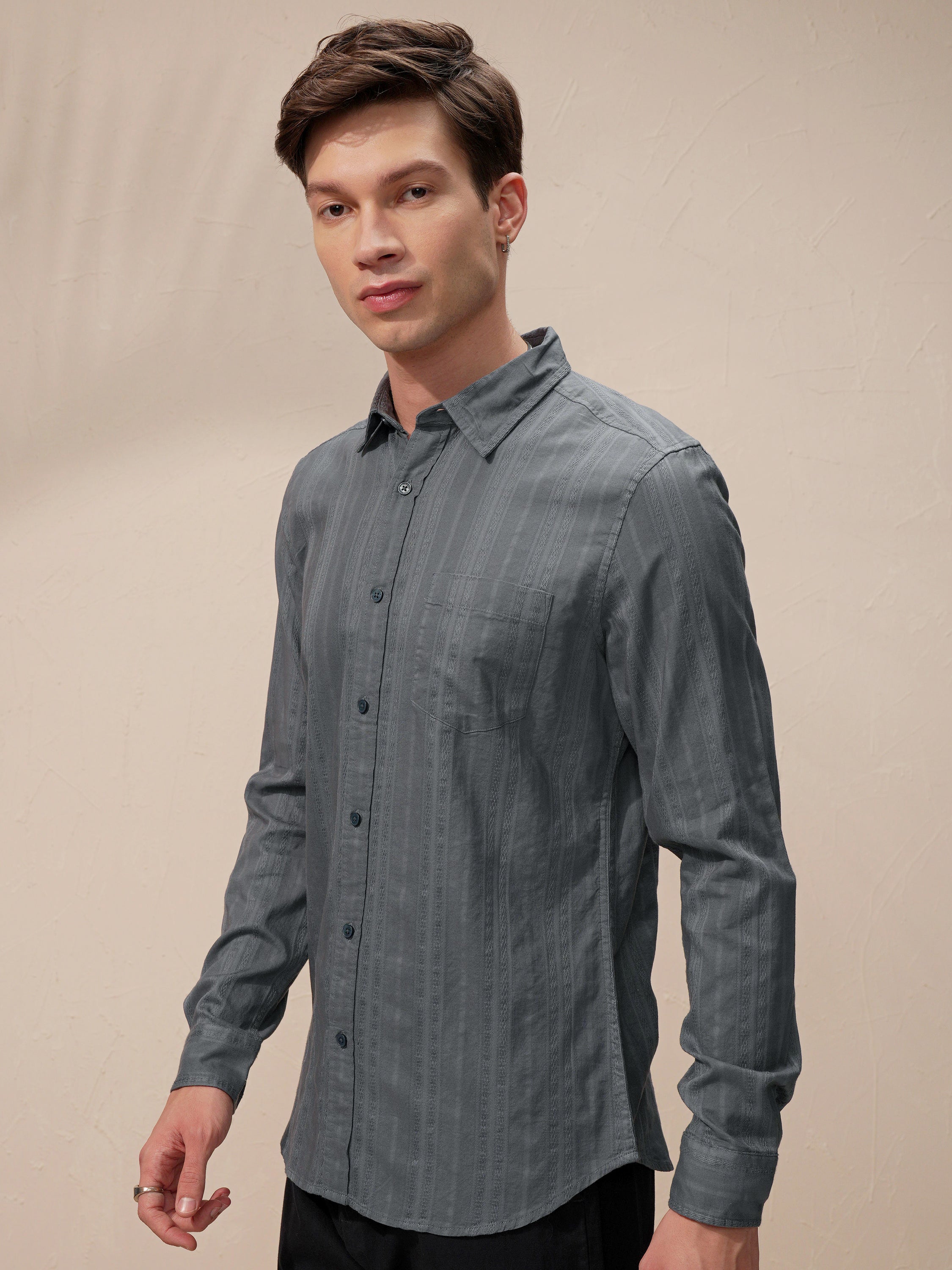 Highlander Men Grey Self Design Slim Fit Casual Shirt - Grey - Image 4