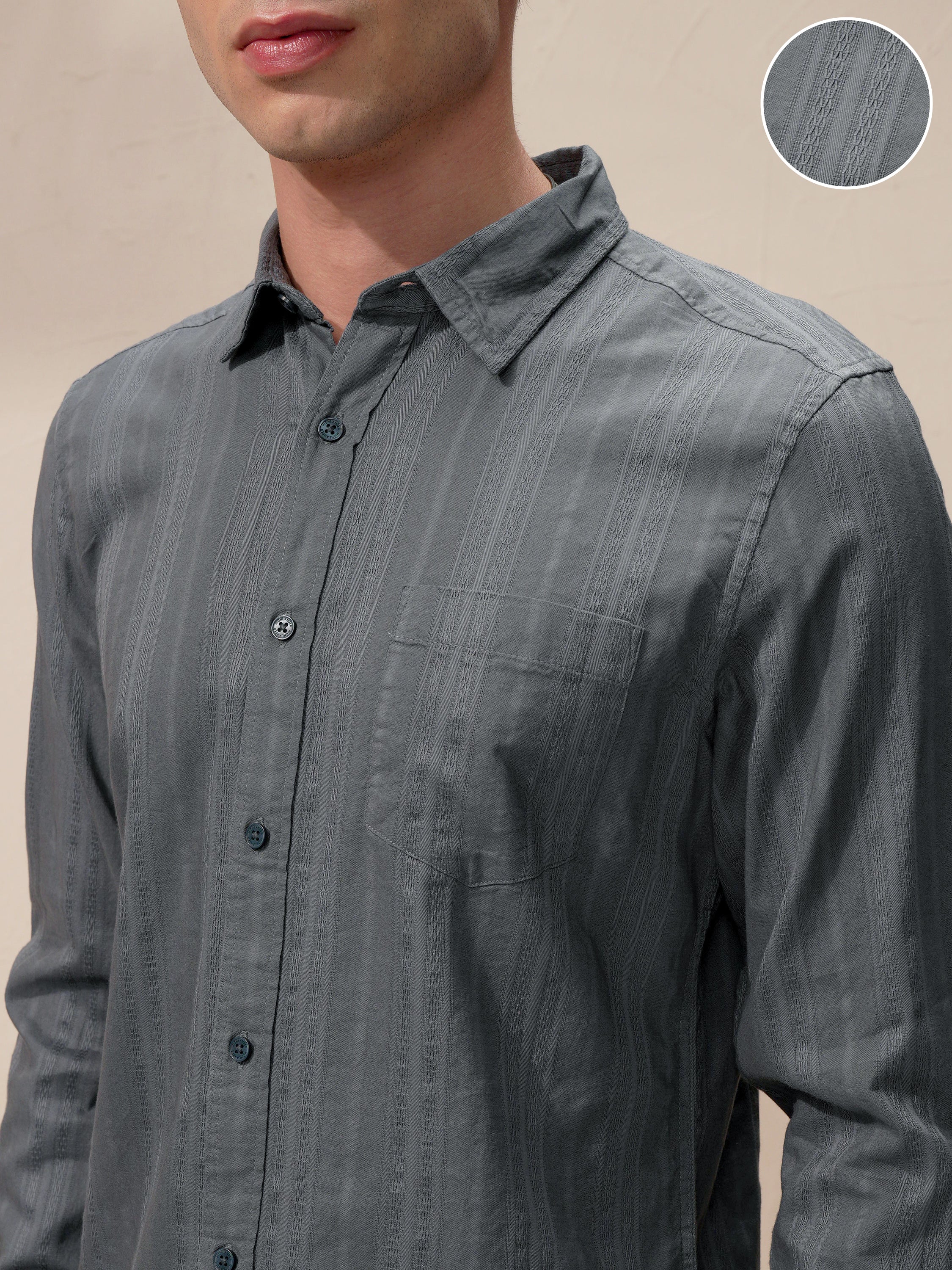 Highlander Men Grey Self Design Slim Fit Casual Shirt - Grey - Image 5