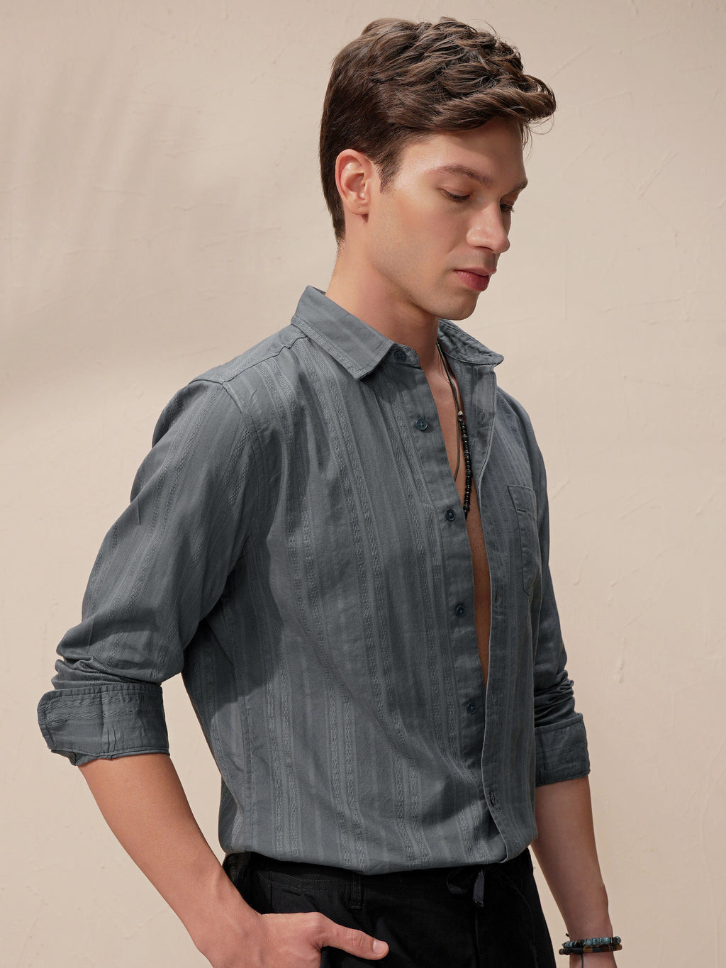 Highlander Men Grey Self Design Slim Fit Casual Shirt - Grey - Image 6