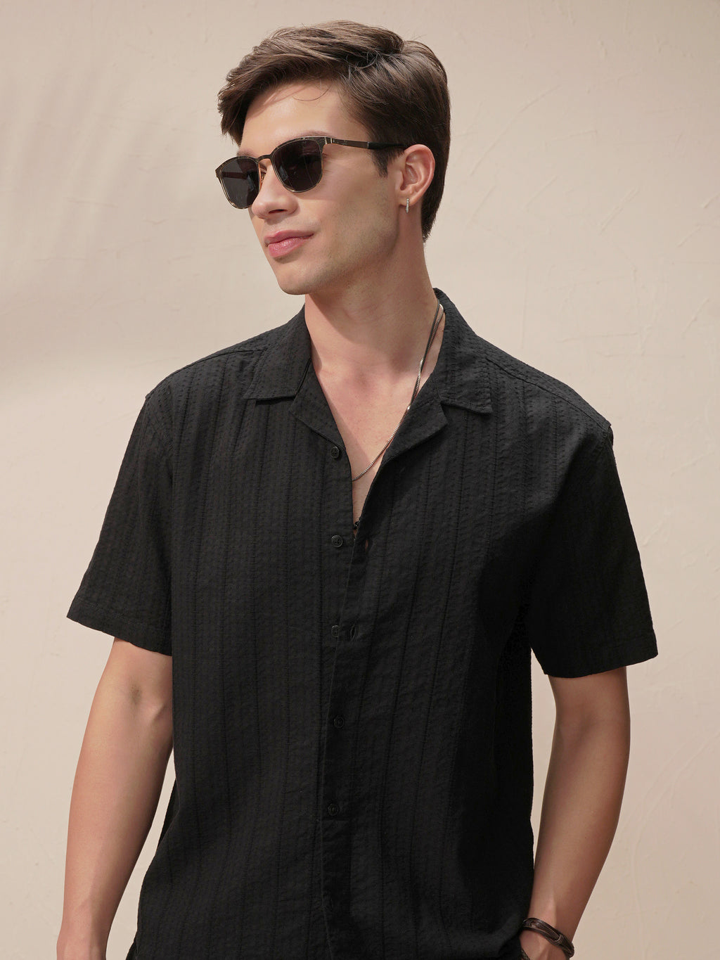 Highlander Men Black Self Design Oversized Fit Casual Shirt - Black - Image 1