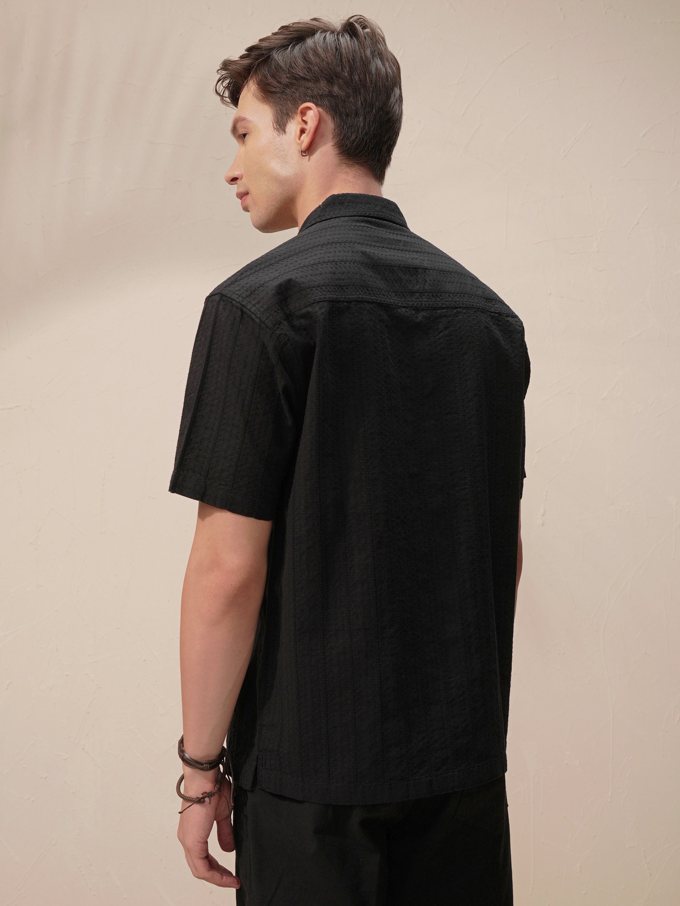 Highlander Men Black Self Design Oversized Fit Casual Shirt - Black - Image 3
