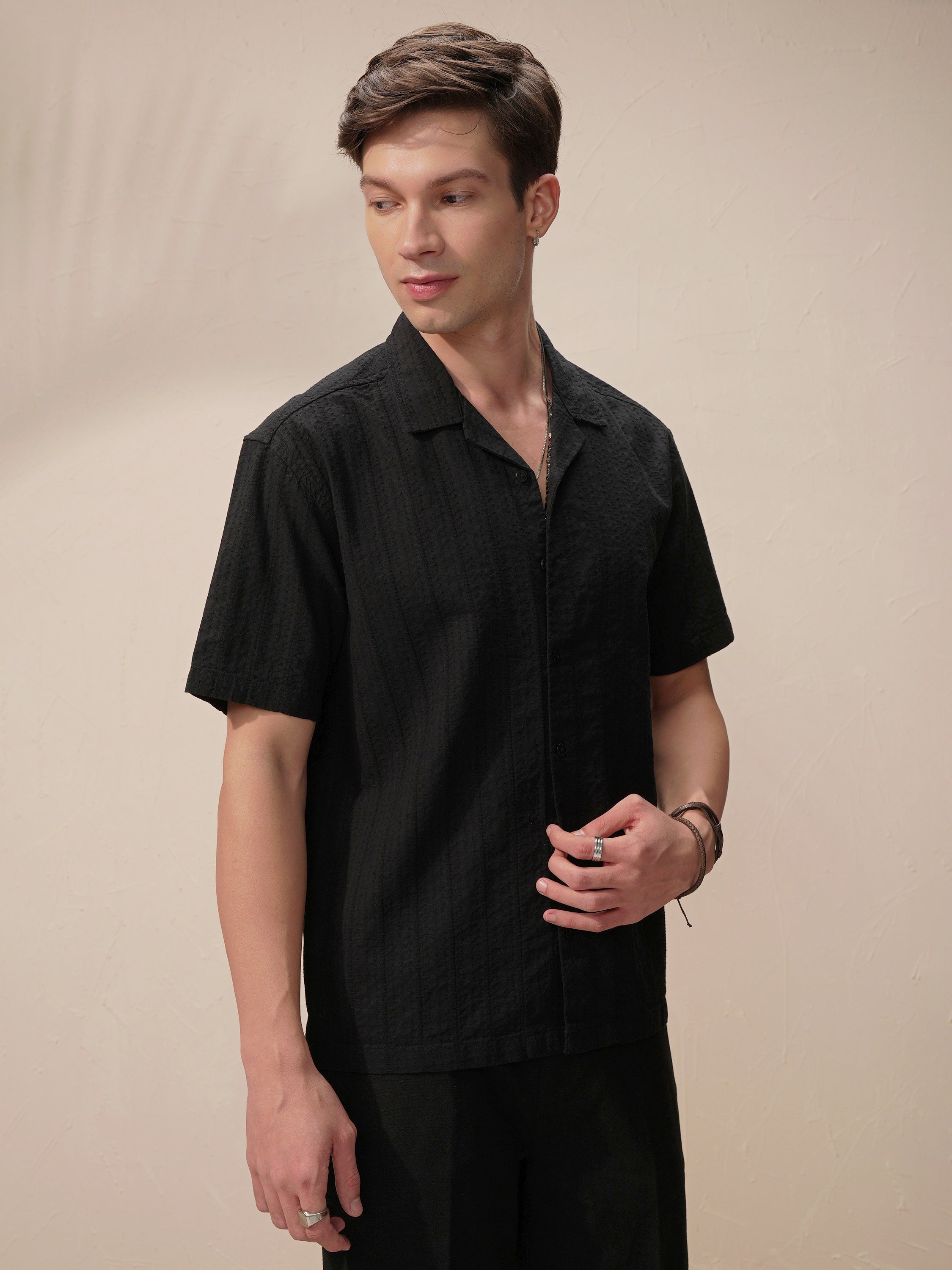 Highlander Men Black Self Design Oversized Fit Casual Shirt - Black - Image 6