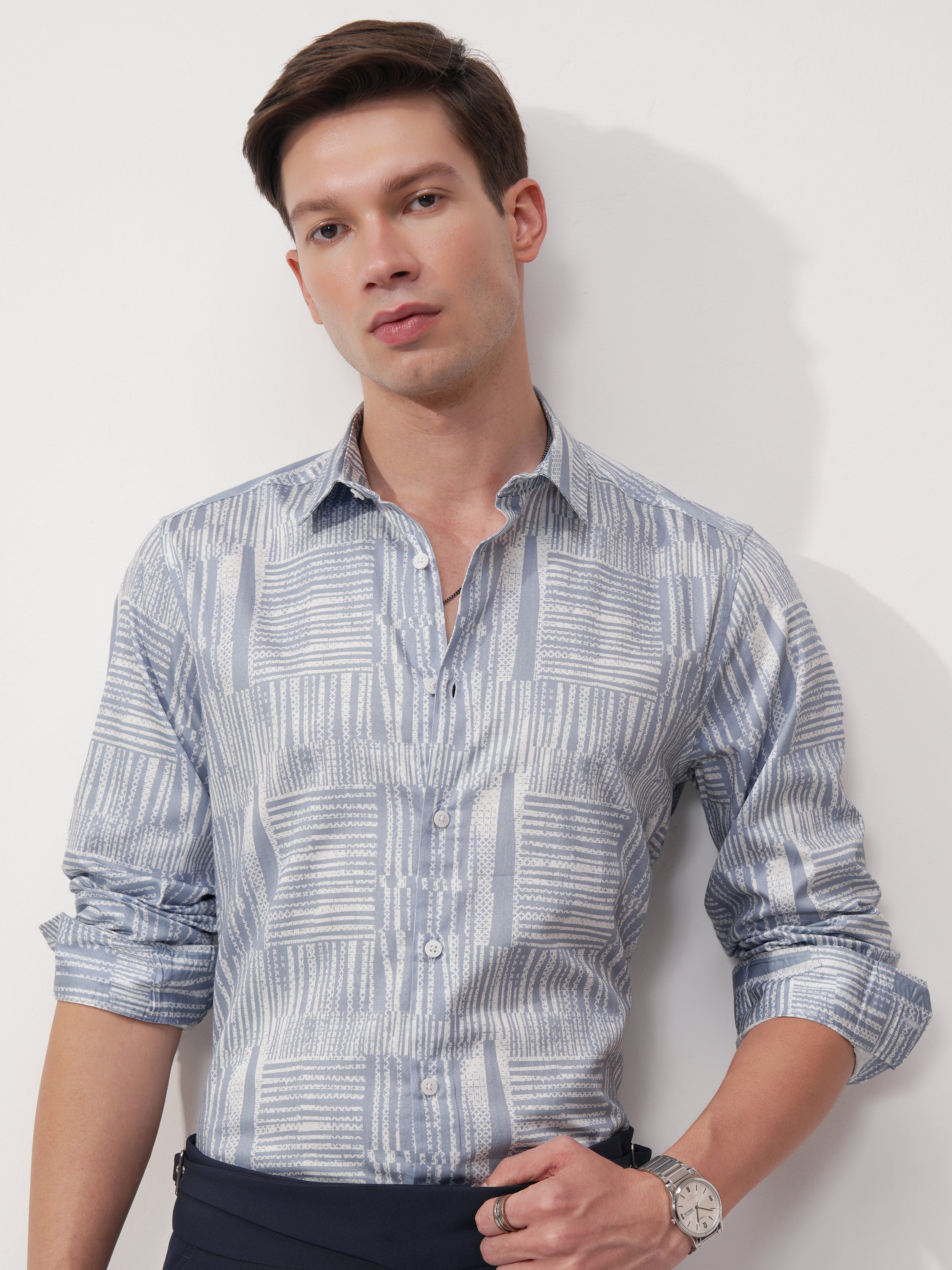 Highlander Men Blue Printed Slim Fit Casual Shirt - Blue - Image 1