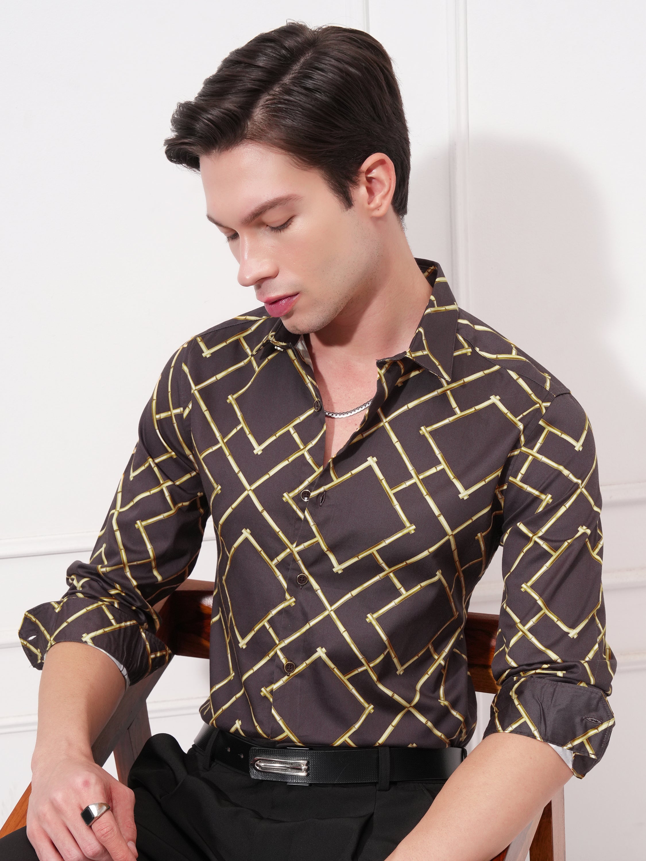 Highlander Men Brown Printed Slim Fit Casual Shirt - Brown - Image 1