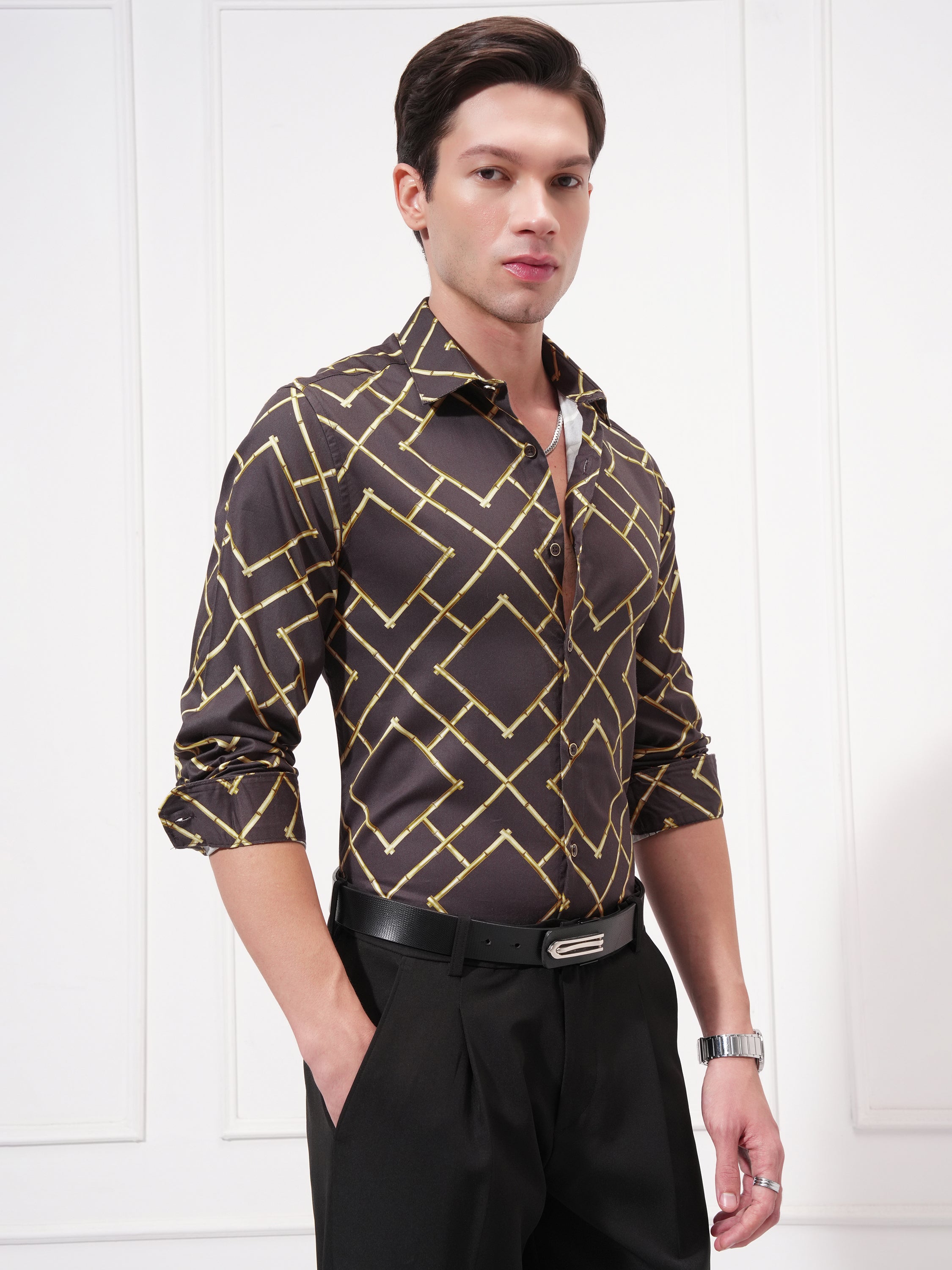 Highlander Men Brown Printed Slim Fit Casual Shirt - Brown - Image 6