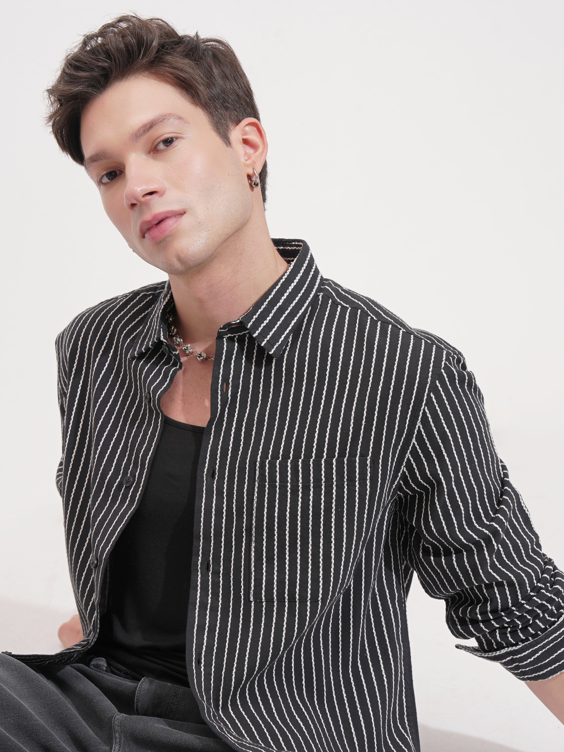 Highlander Men Black Striped Relaxed Fit Casual Shirt - Black - Image 1