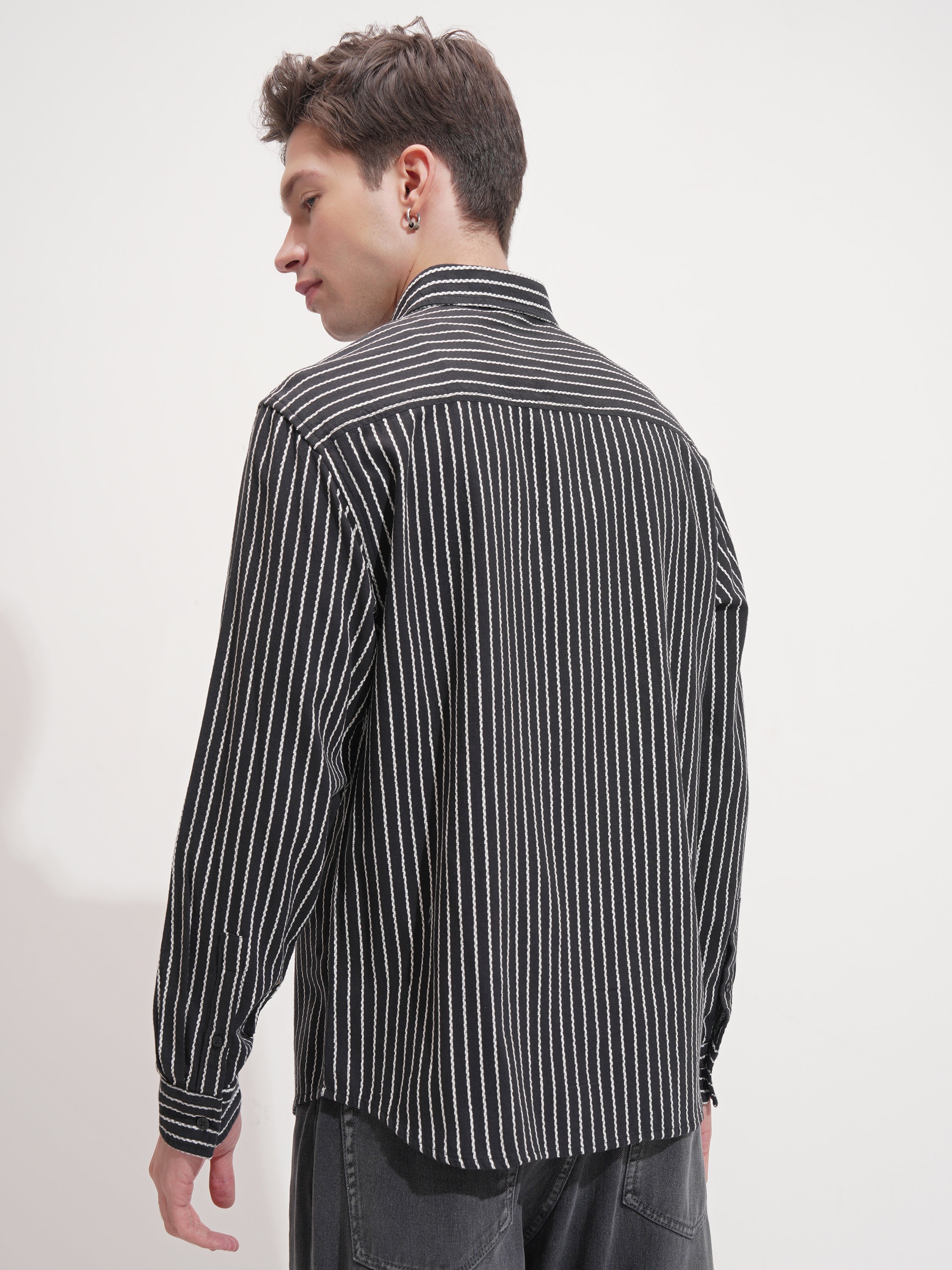 Highlander Men Black Striped Relaxed Fit Casual Shirt - Black - Image 3