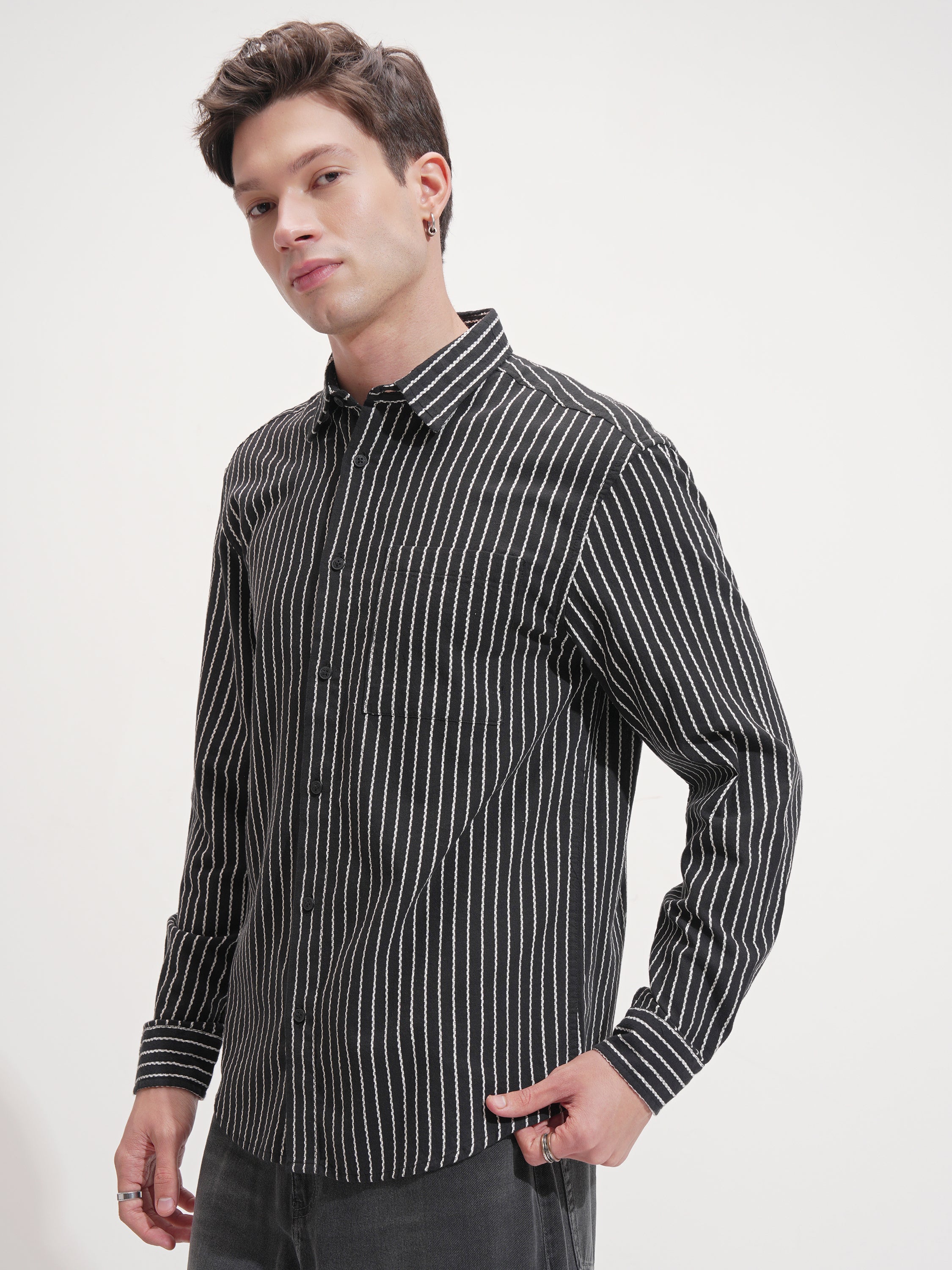 Highlander Men Black Striped Relaxed Fit Casual Shirt - Black - Image 4