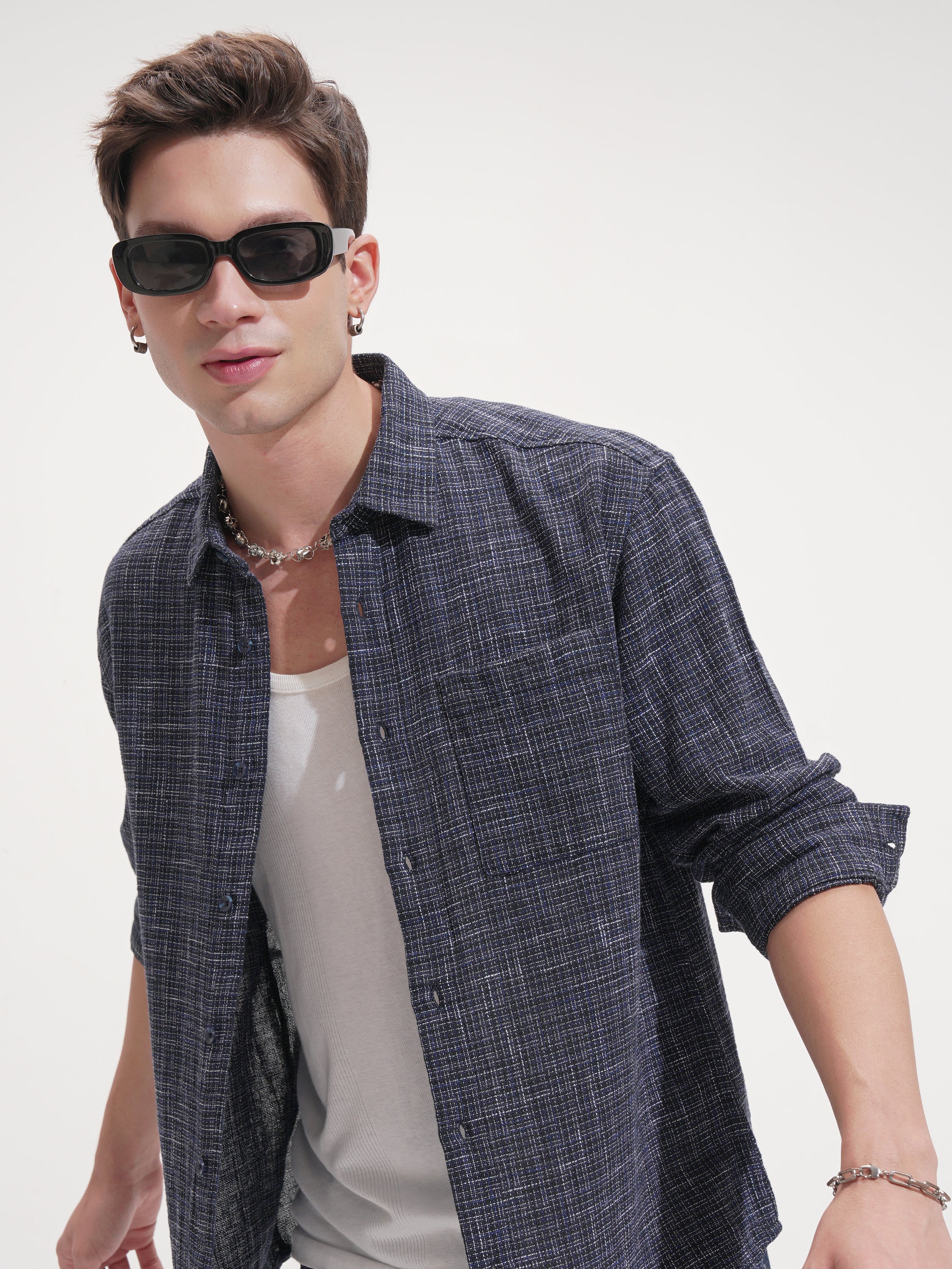 Highlander Men Navy Blue Checked Relaxed Fit Casual Shirt - Navy Blue - Image 1