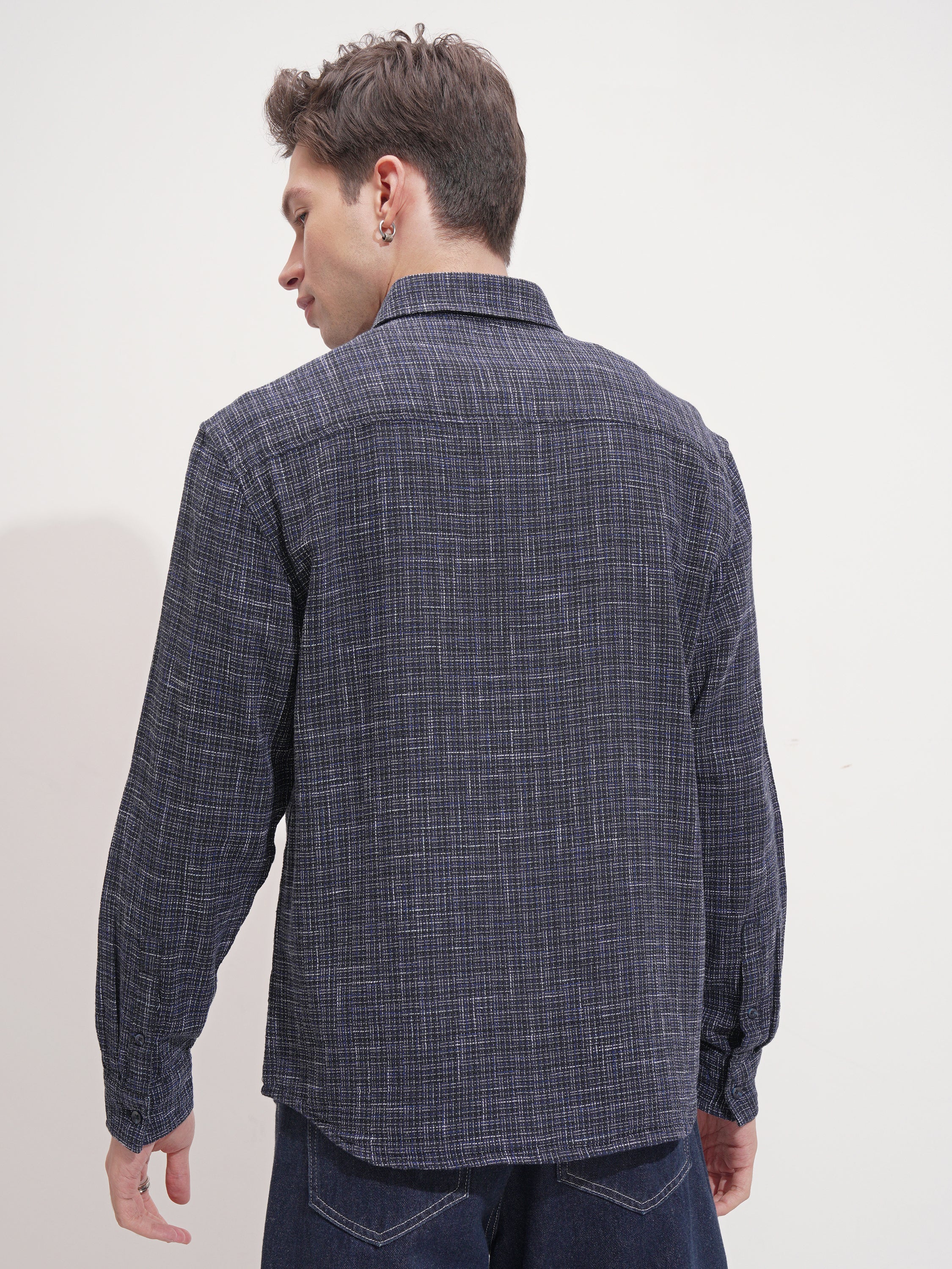 Highlander Men Navy Blue Checked Relaxed Fit Casual Shirt - Navy Blue - Image 3