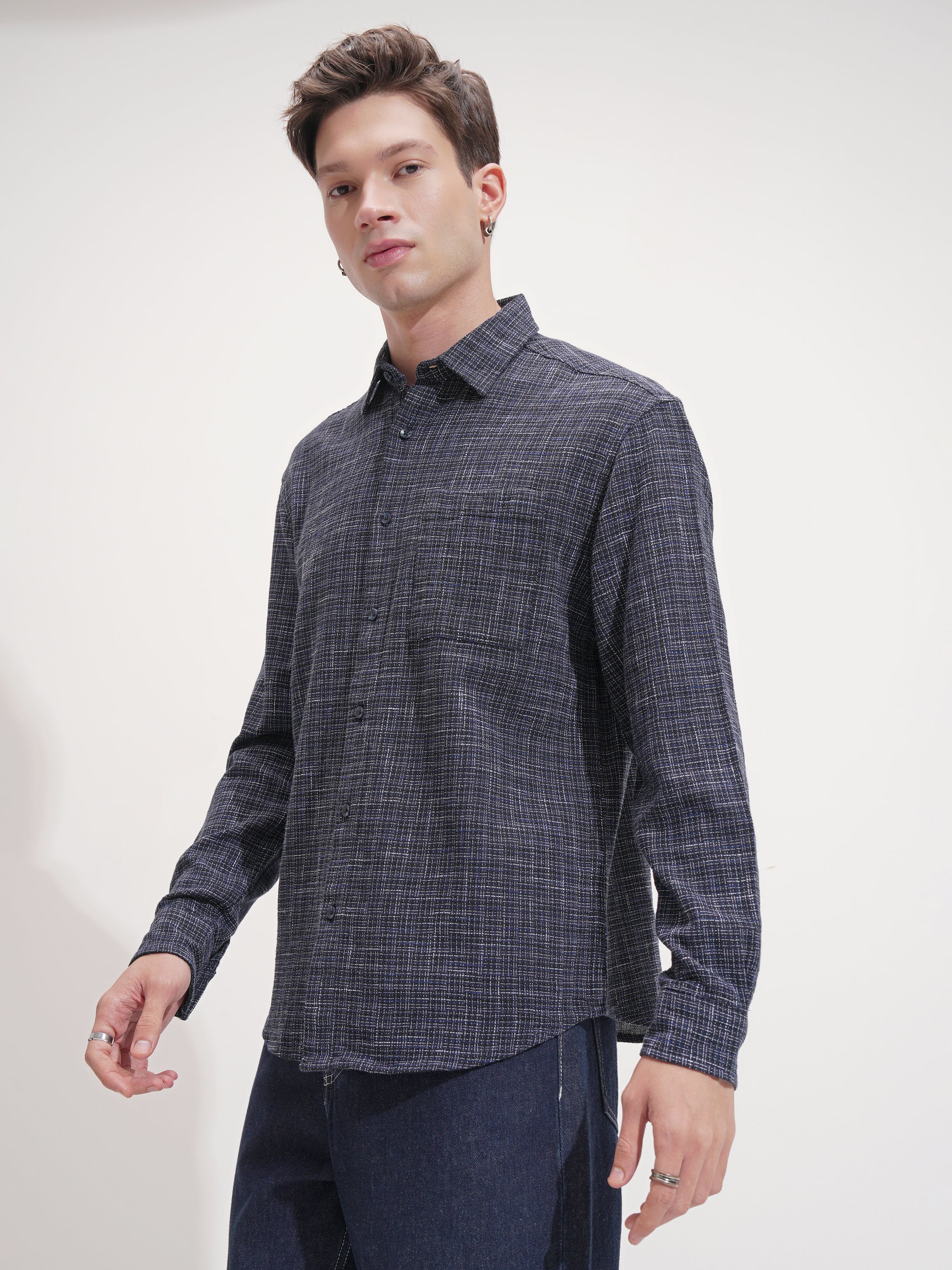 Highlander Men Navy Blue Checked Relaxed Fit Casual Shirt - Navy Blue - Image 4