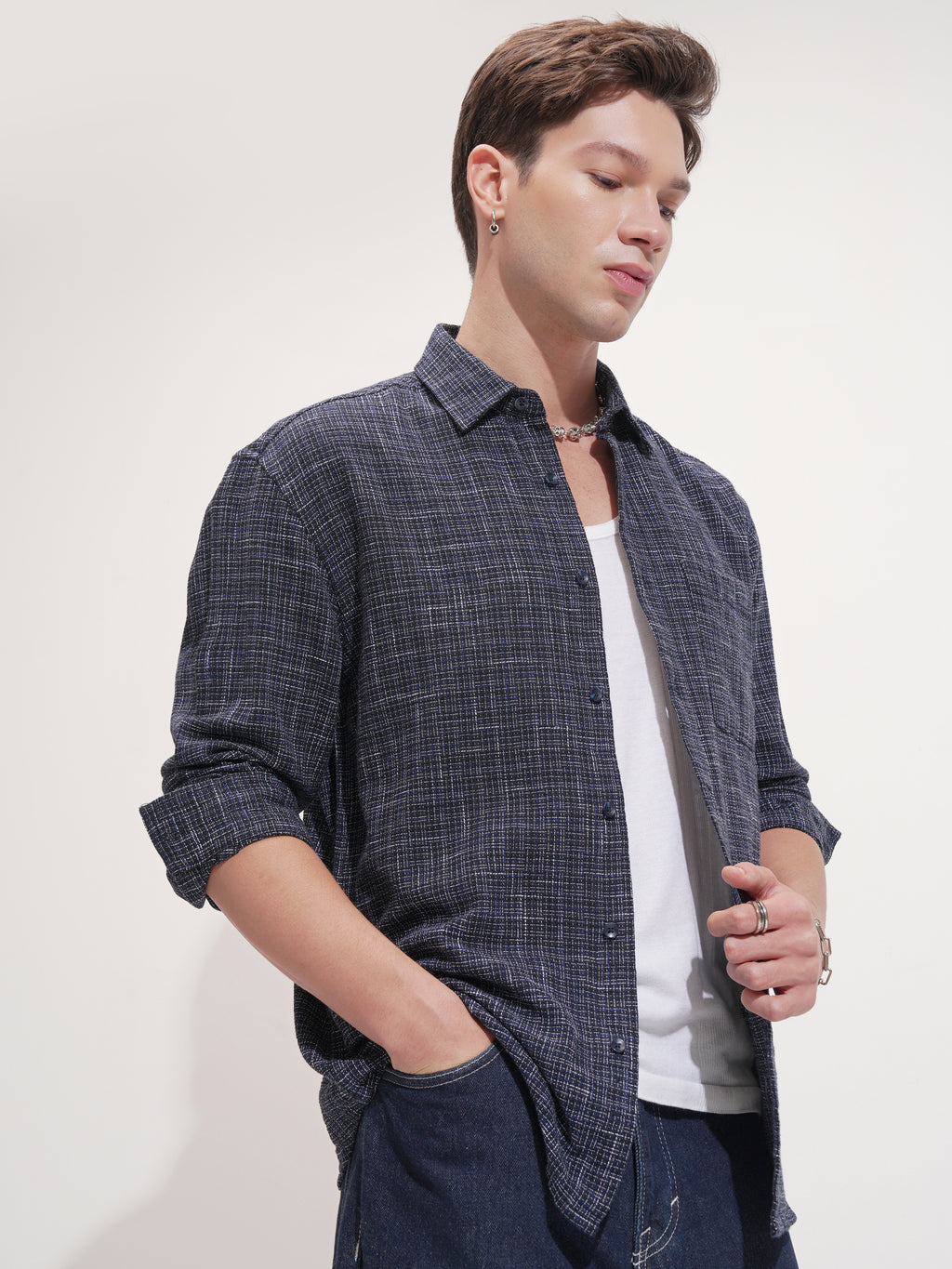 Highlander Men Navy Blue Checked Relaxed Fit Casual Shirt - Navy Blue - Image 6