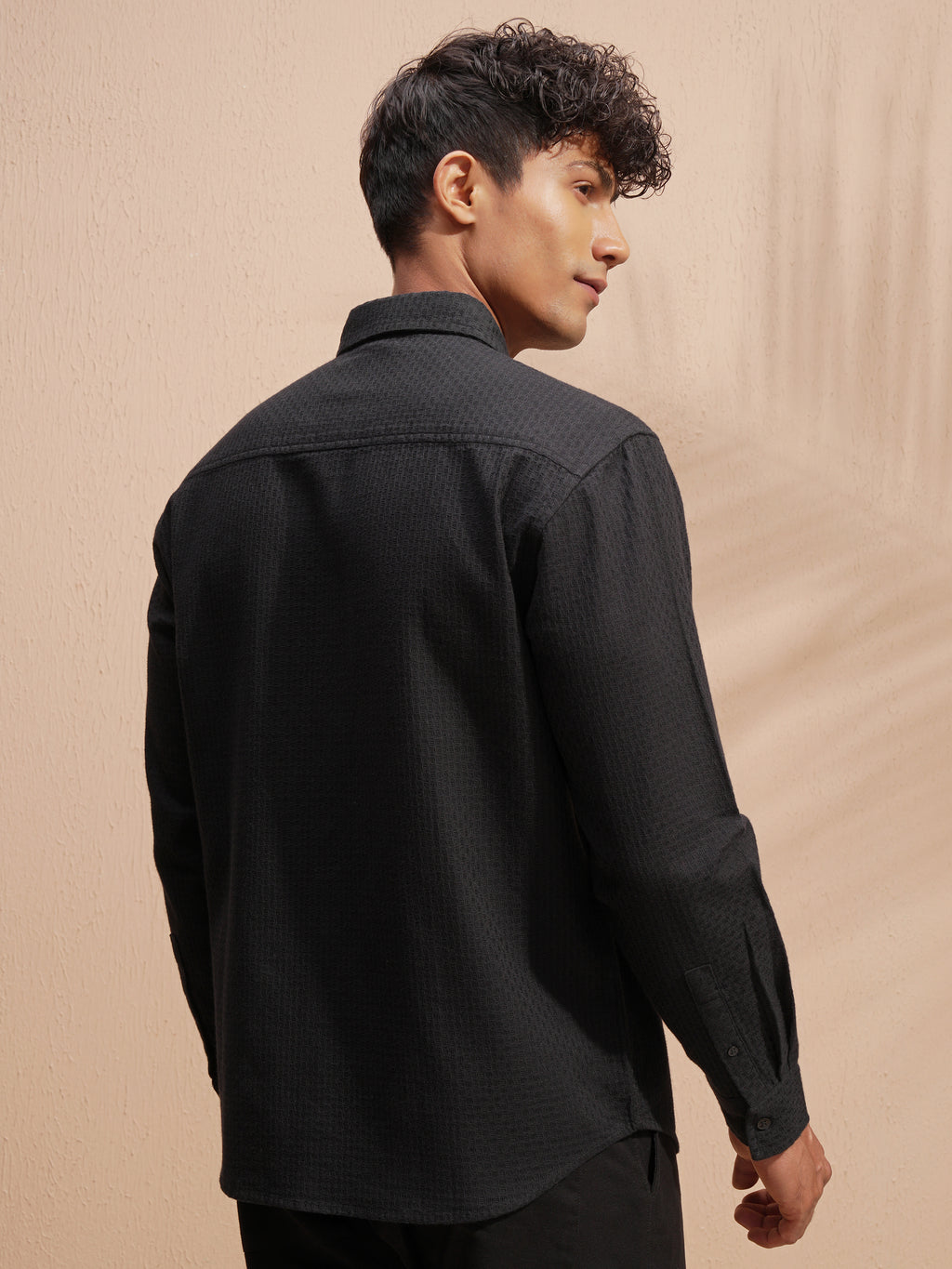 Highlander Men Black Self Design Relaxed Fit Casual Shirt - Black - Image 3