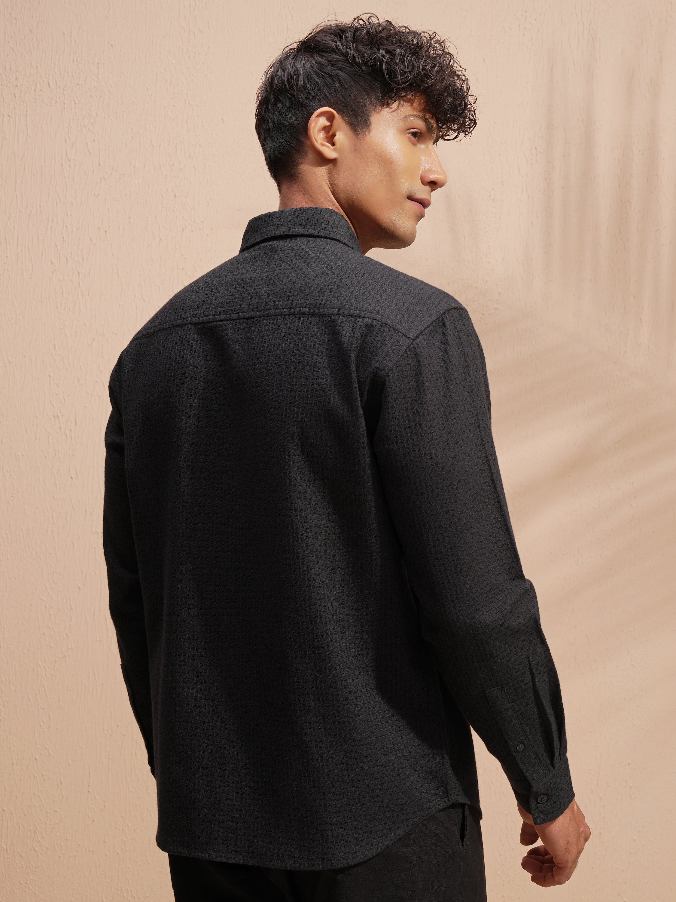 Highlander Men Black Self Design Relaxed Fit Casual Shirt - Black - Image 3