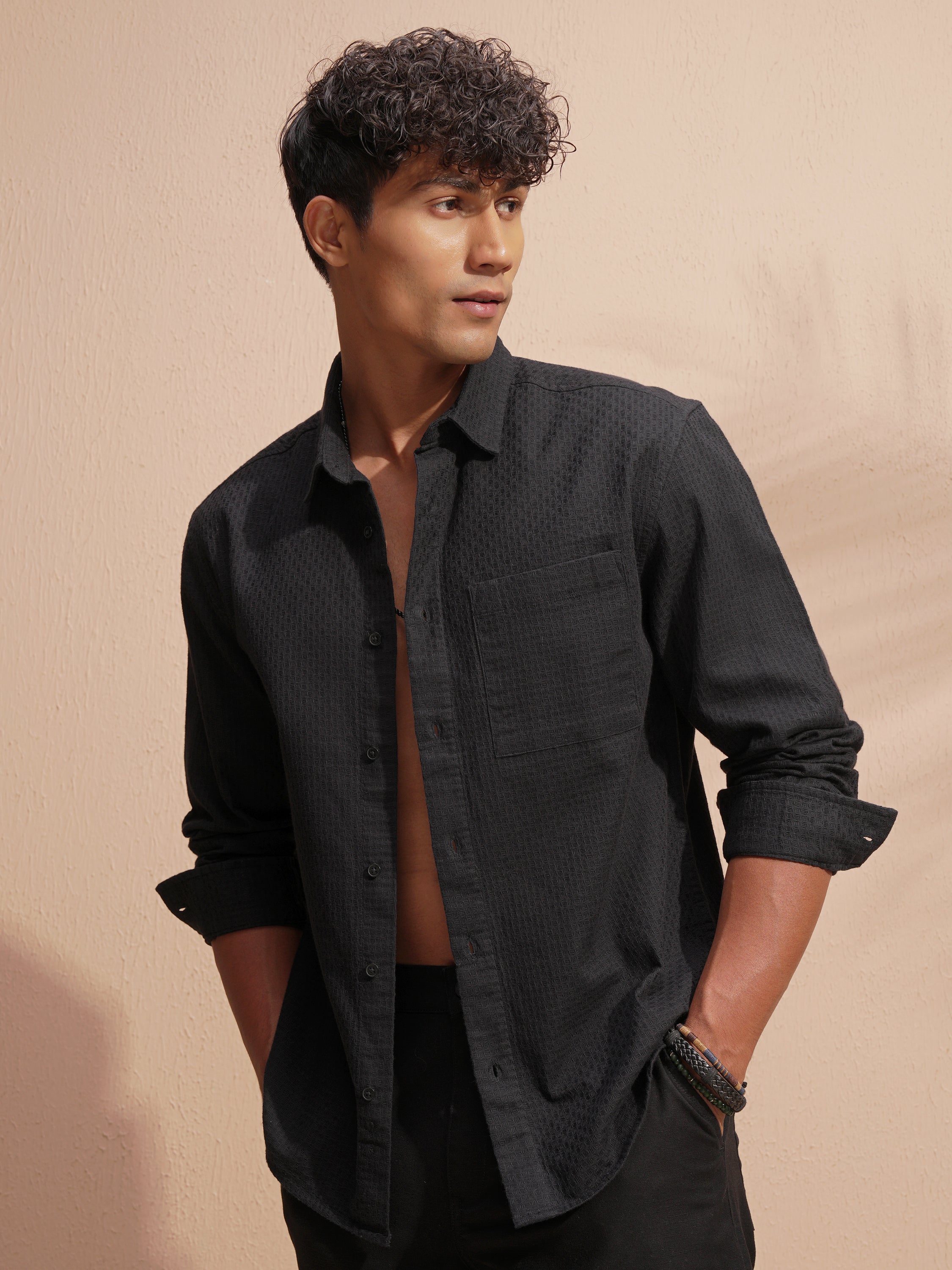 Highlander Men Black Self Design Relaxed Fit Casual Shirt - Black - Image 4