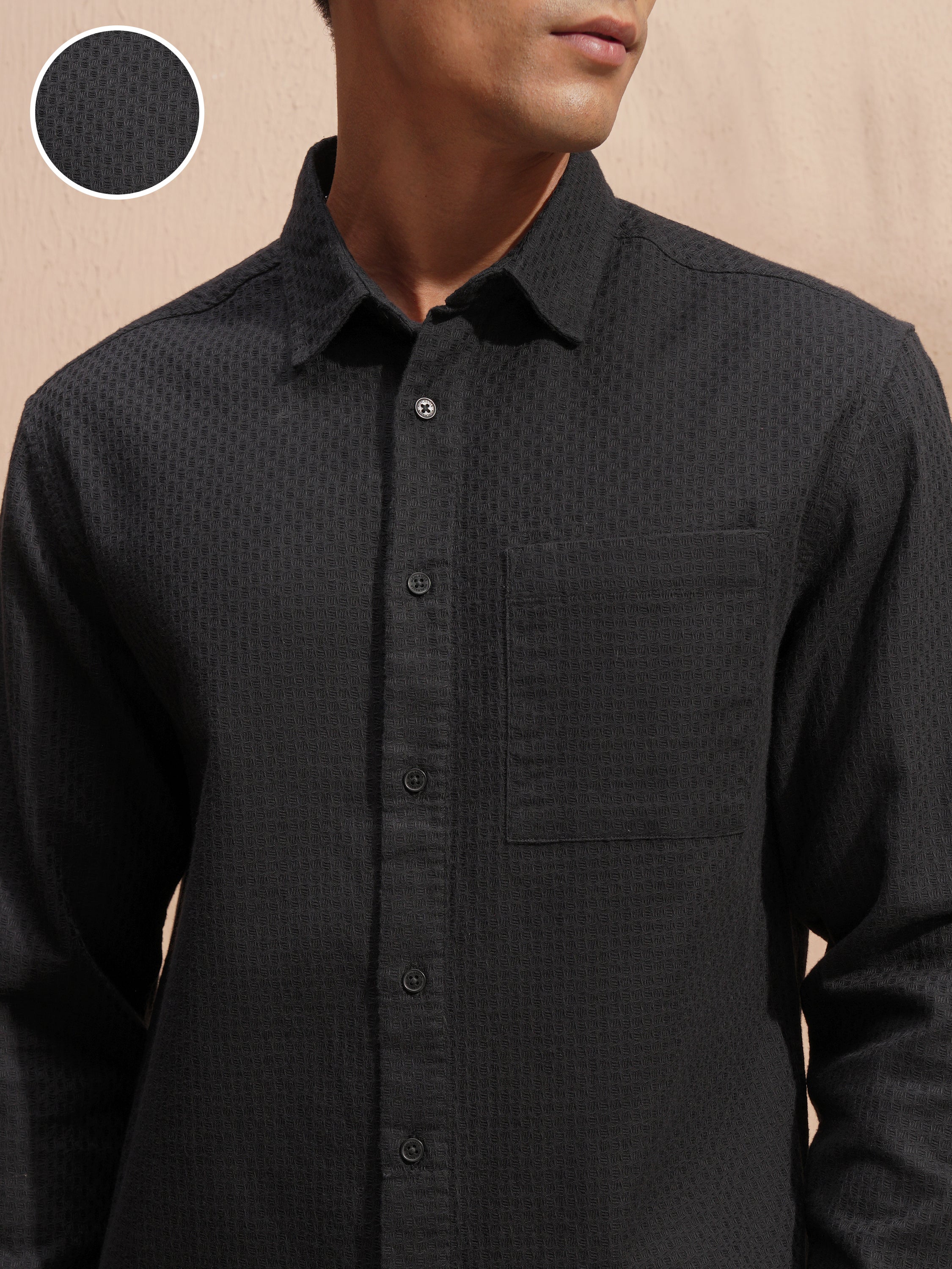 Highlander Men Black Self Design Relaxed Fit Casual Shirt - Black - Image 5
