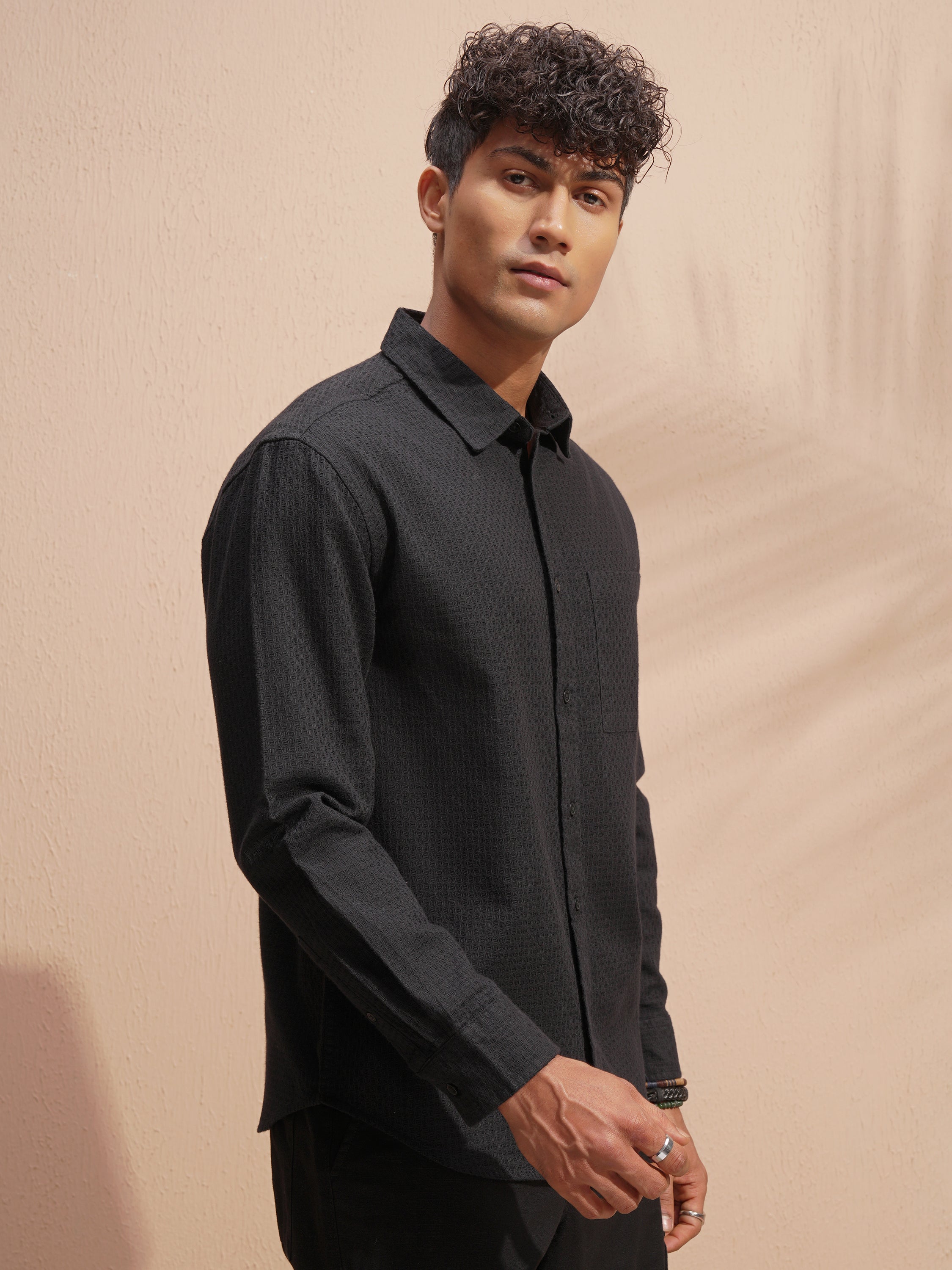 Highlander Men Black Self Design Relaxed Fit Casual Shirt - Black - Image 6