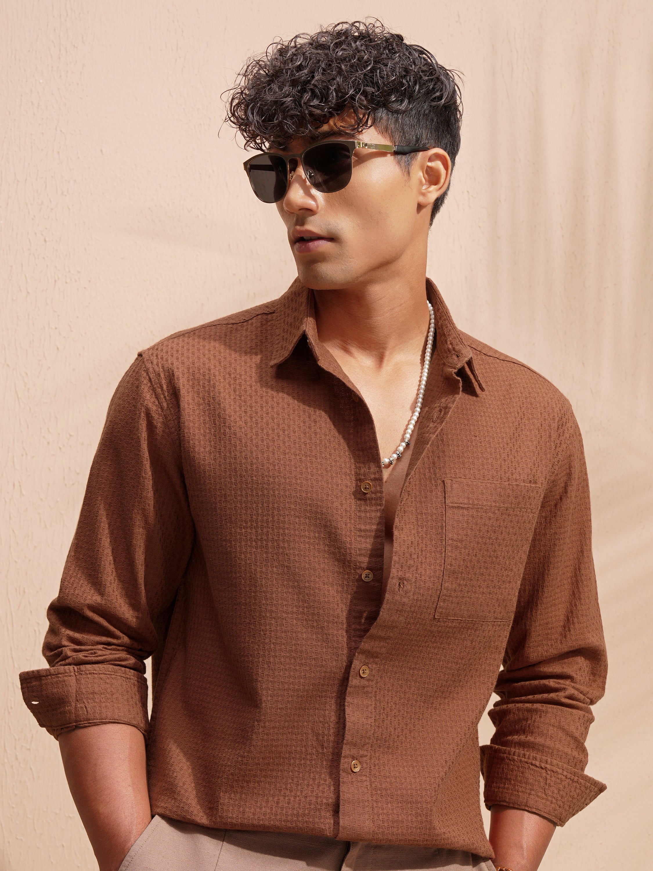 Highlander Men Brown Self Design Relaxed Fit Casual Shirt - Brown - Image 1