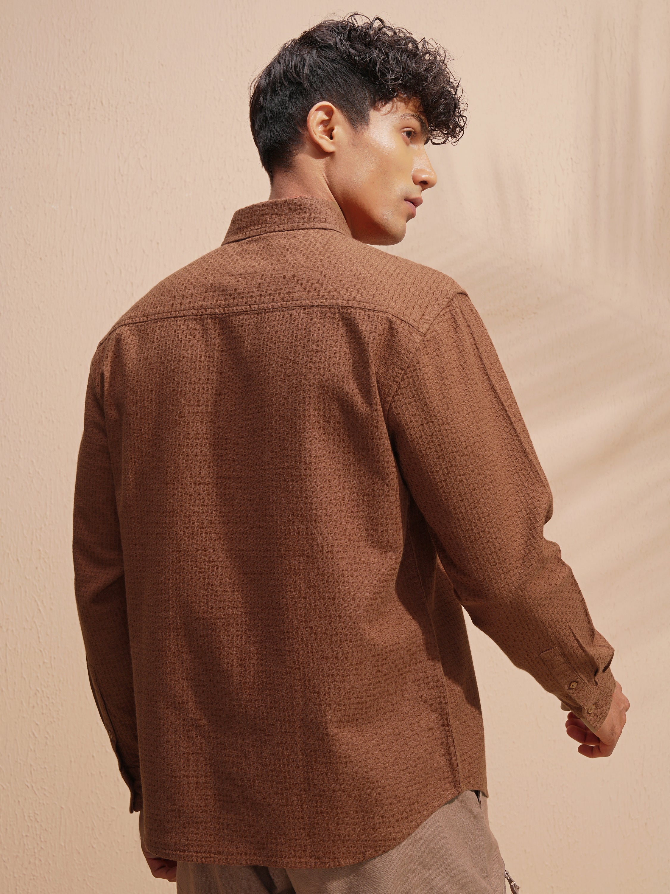 Highlander Men Brown Self Design Relaxed Fit Casual Shirt - Brown - Image 3