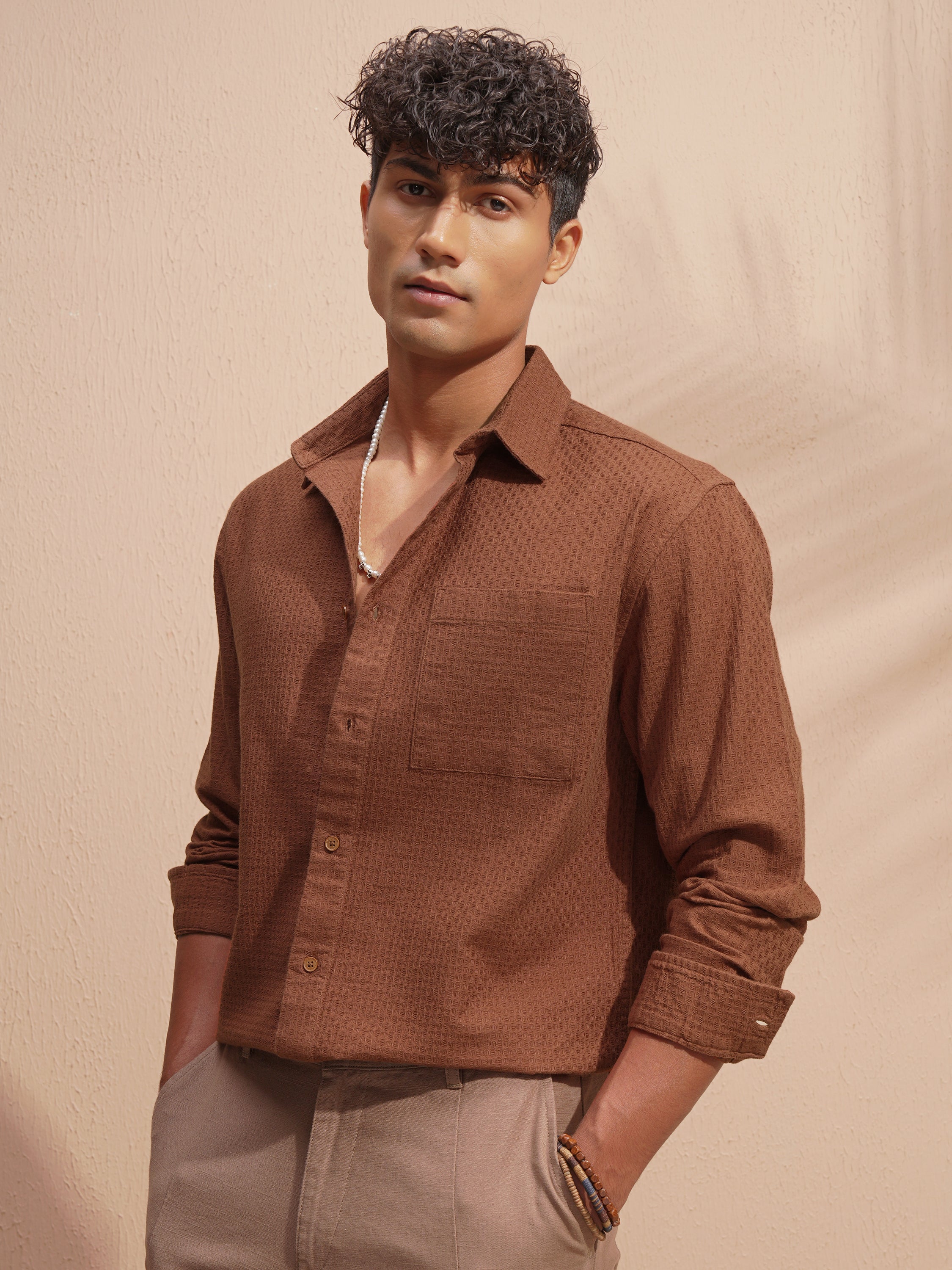 Highlander Men Brown Self Design Relaxed Fit Casual Shirt - Brown - Image 4