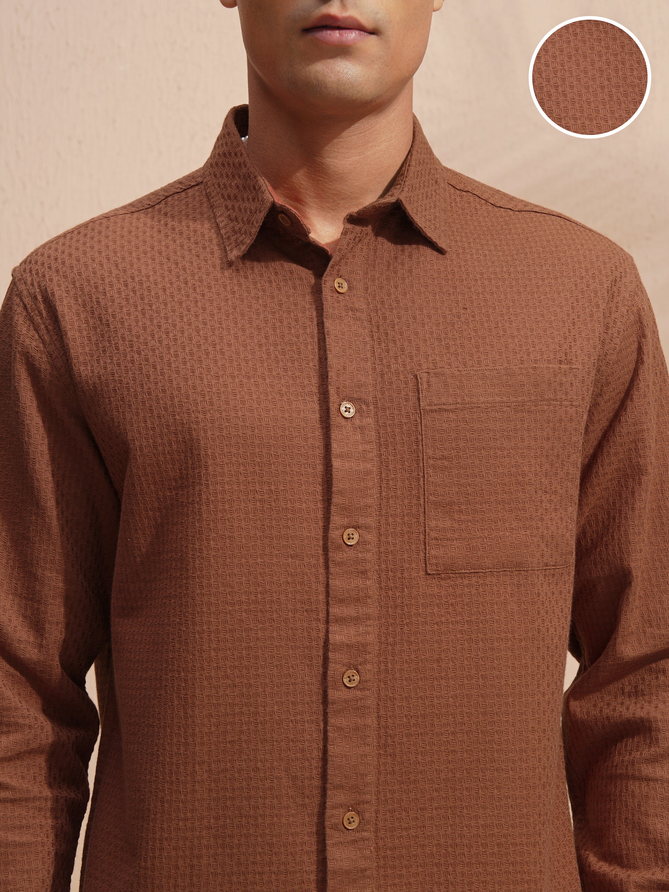 Highlander Men Brown Self Design Relaxed Fit Casual Shirt - Brown - Image 5