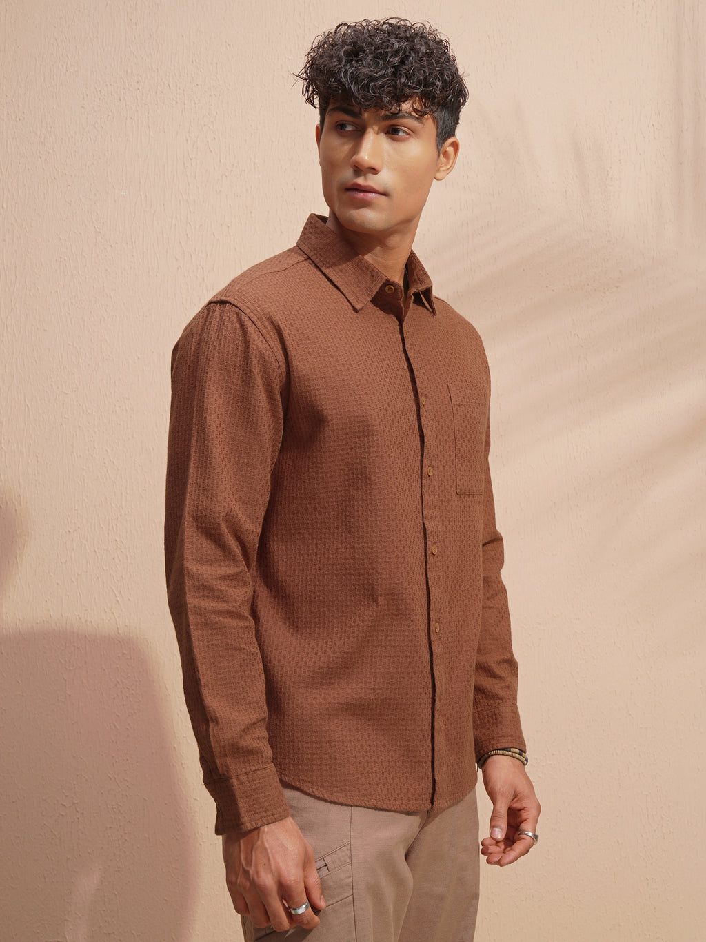 Highlander Men Brown Self Design Relaxed Fit Casual Shirt - Brown - Image 6