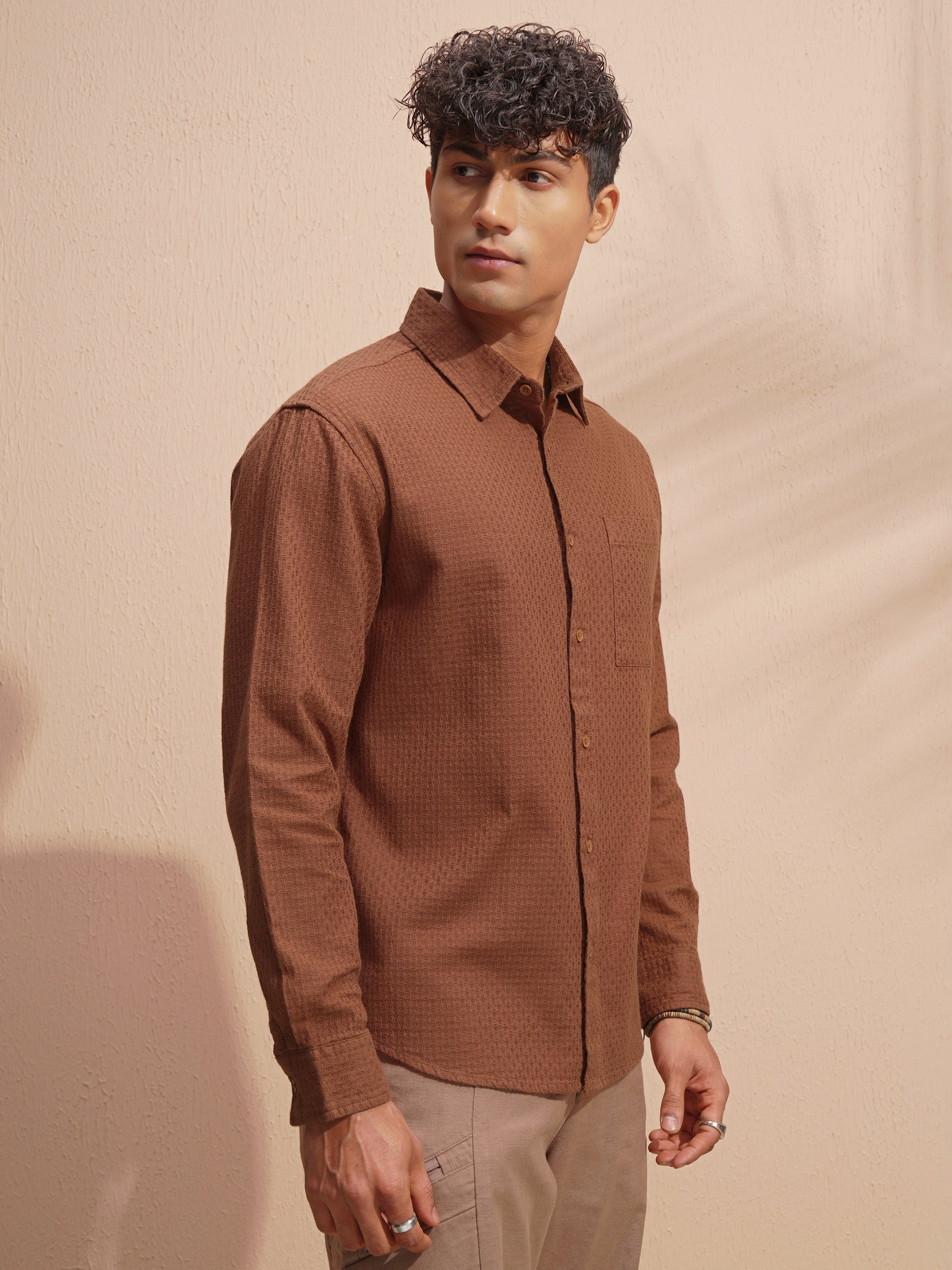 Highlander Men Brown Self Design Relaxed Fit Casual Shirt - Brown - Image 6