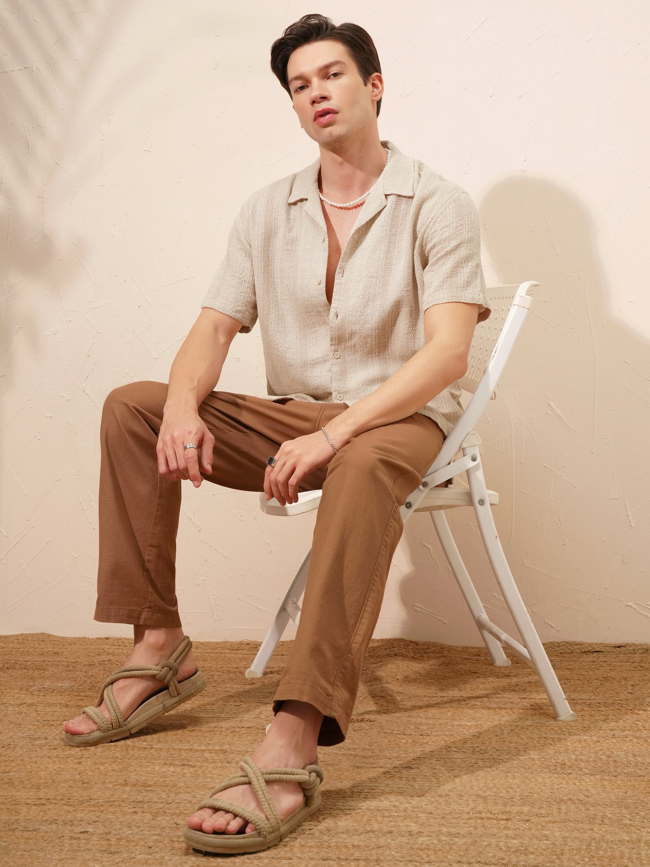 Highlander Men Beige Self Design Oversized Fit Casual Shirt - Beige - Image 2