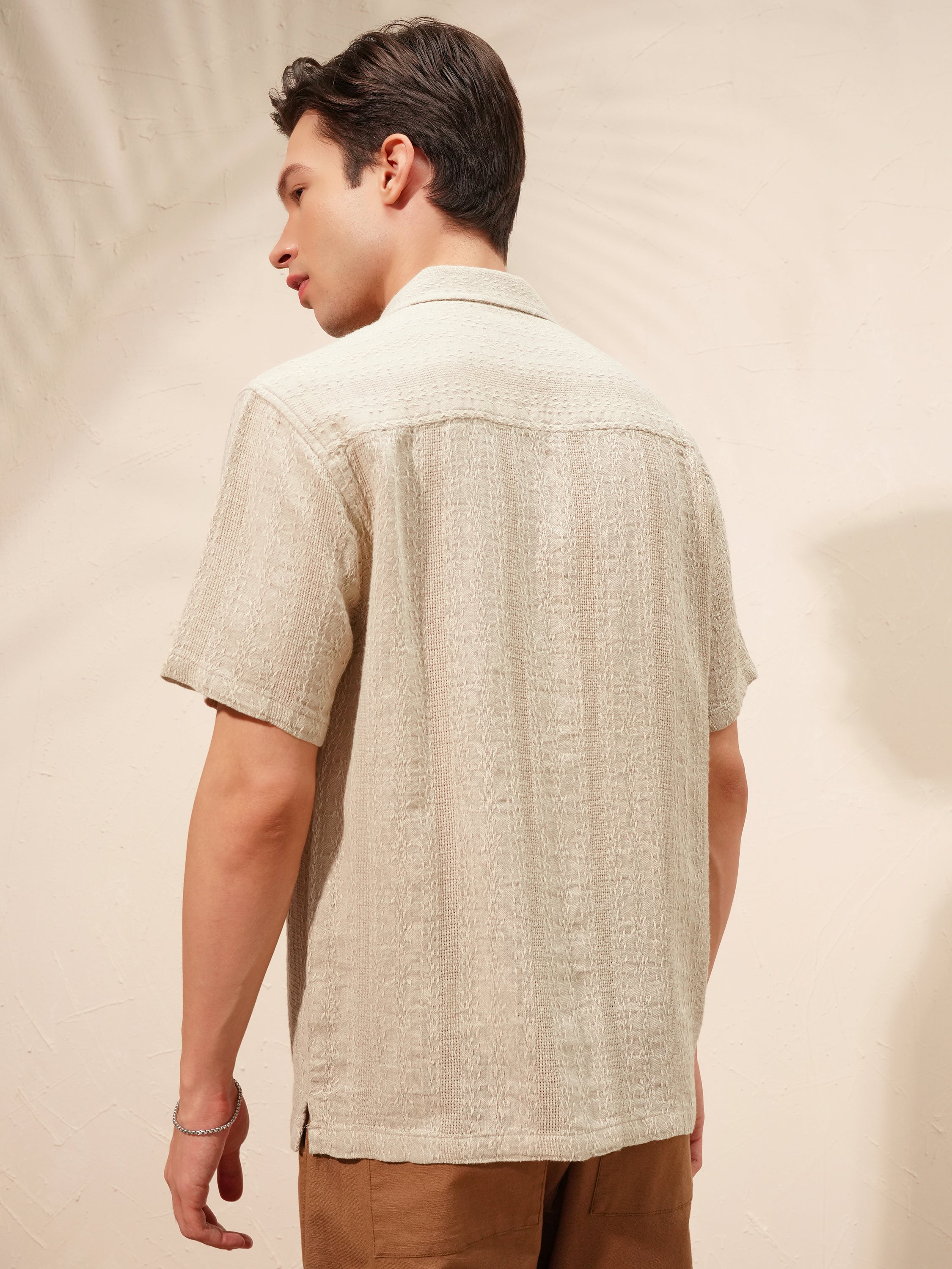 Highlander Men Beige Self Design Oversized Fit Casual Shirt - Beige - Image 3