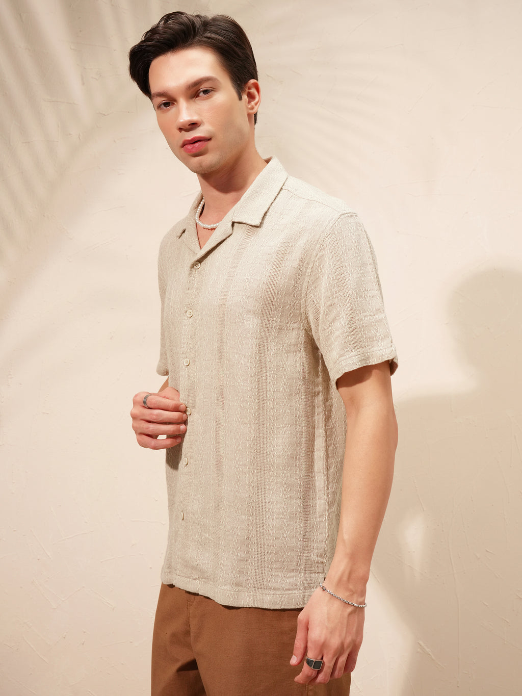 Highlander Men Beige Self Design Oversized Fit Casual Shirt - Beige - Image 4