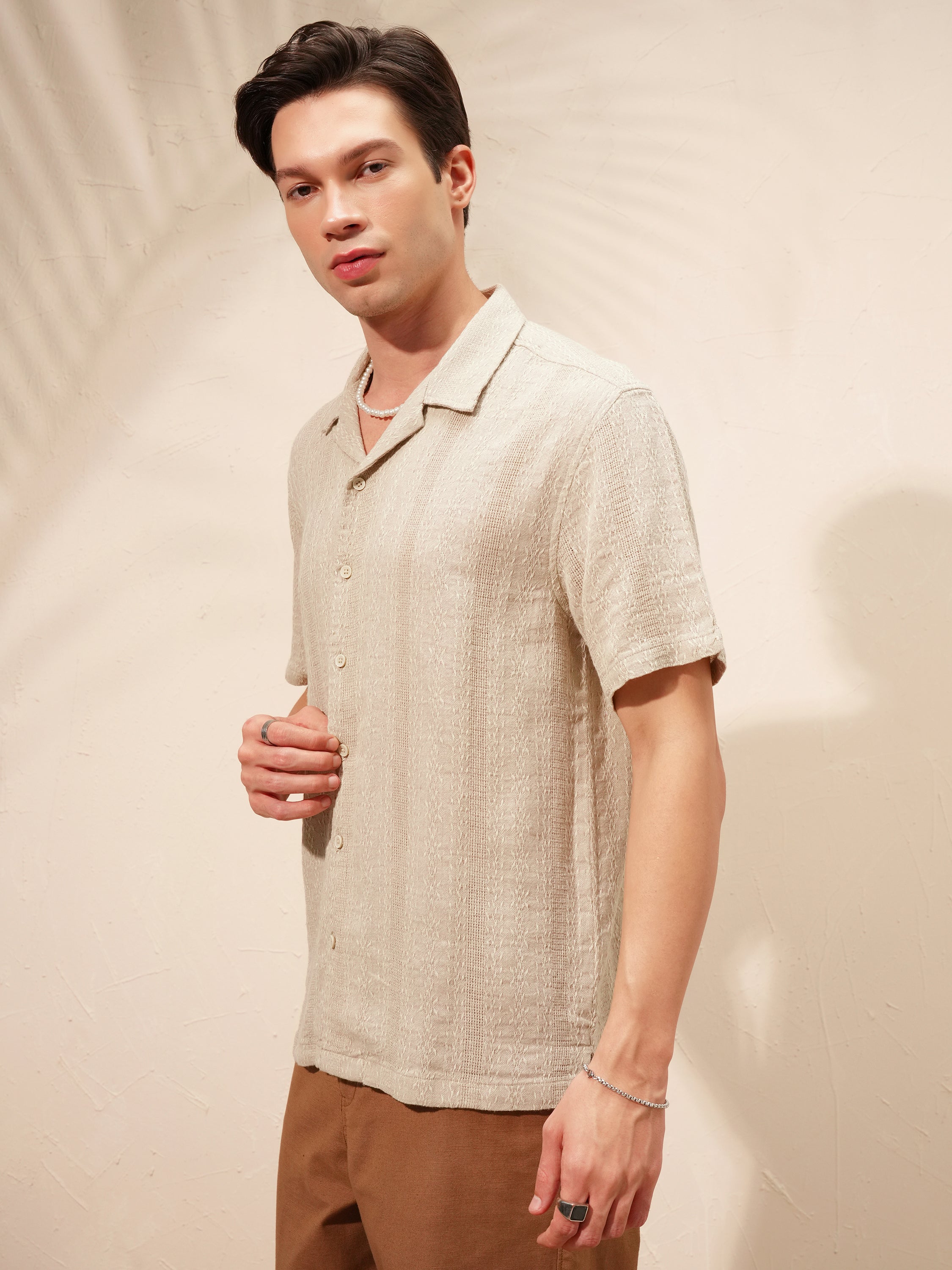 Highlander Men Beige Self Design Oversized Fit Casual Shirt - Beige - Image 4
