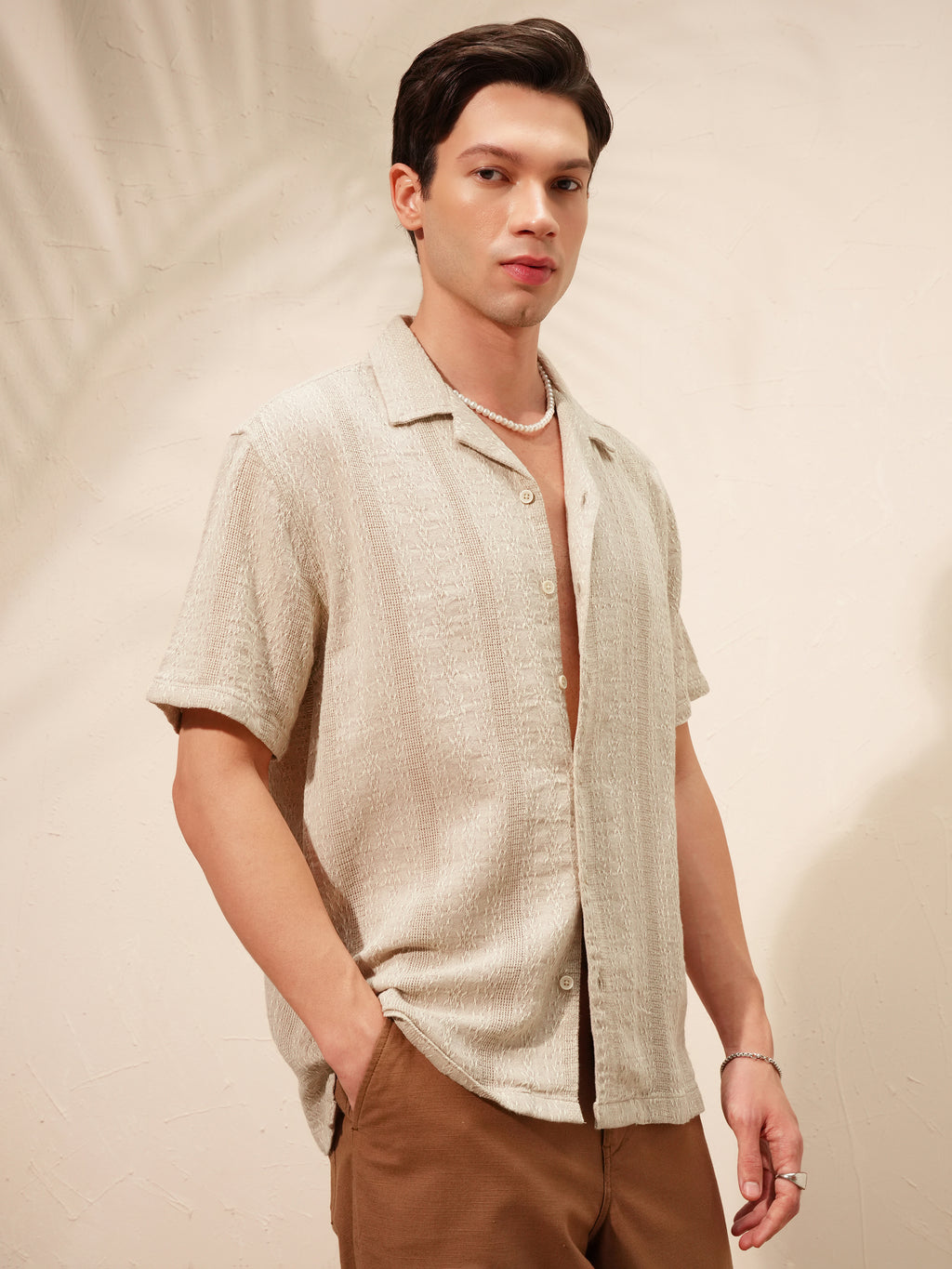 Highlander Men Beige Self Design Oversized Fit Casual Shirt - Beige - Image 6