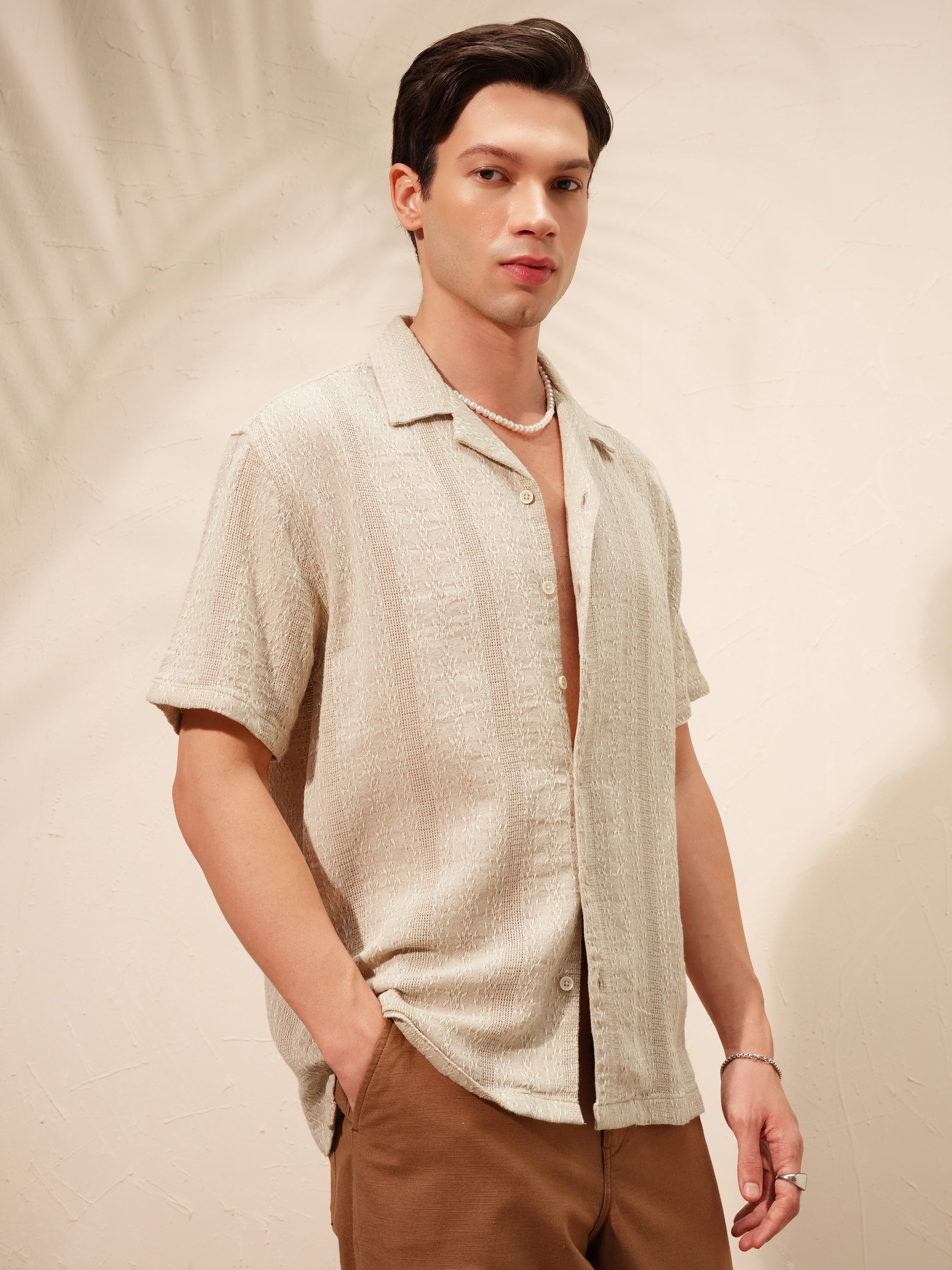 Highlander Men Beige Self Design Oversized Fit Casual Shirt - Beige - Image 6