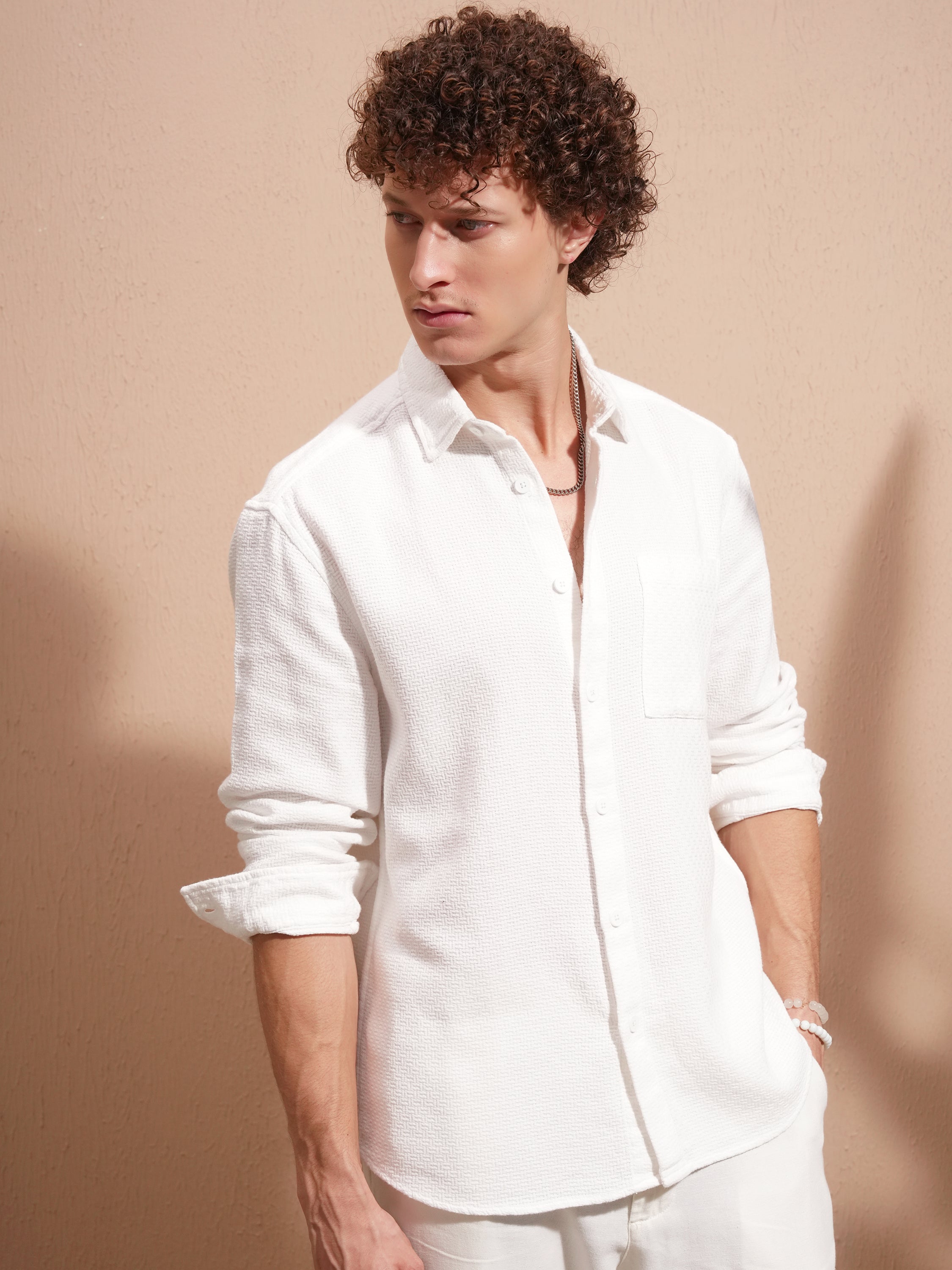 Highlander Men White Self Design Relaxed Fit Casual Shirt - White - Image 6