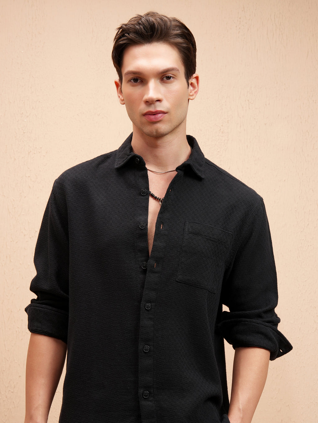 Highlander Men Black Self Design Relaxed Fit Casual Shirt - Black - Image 1