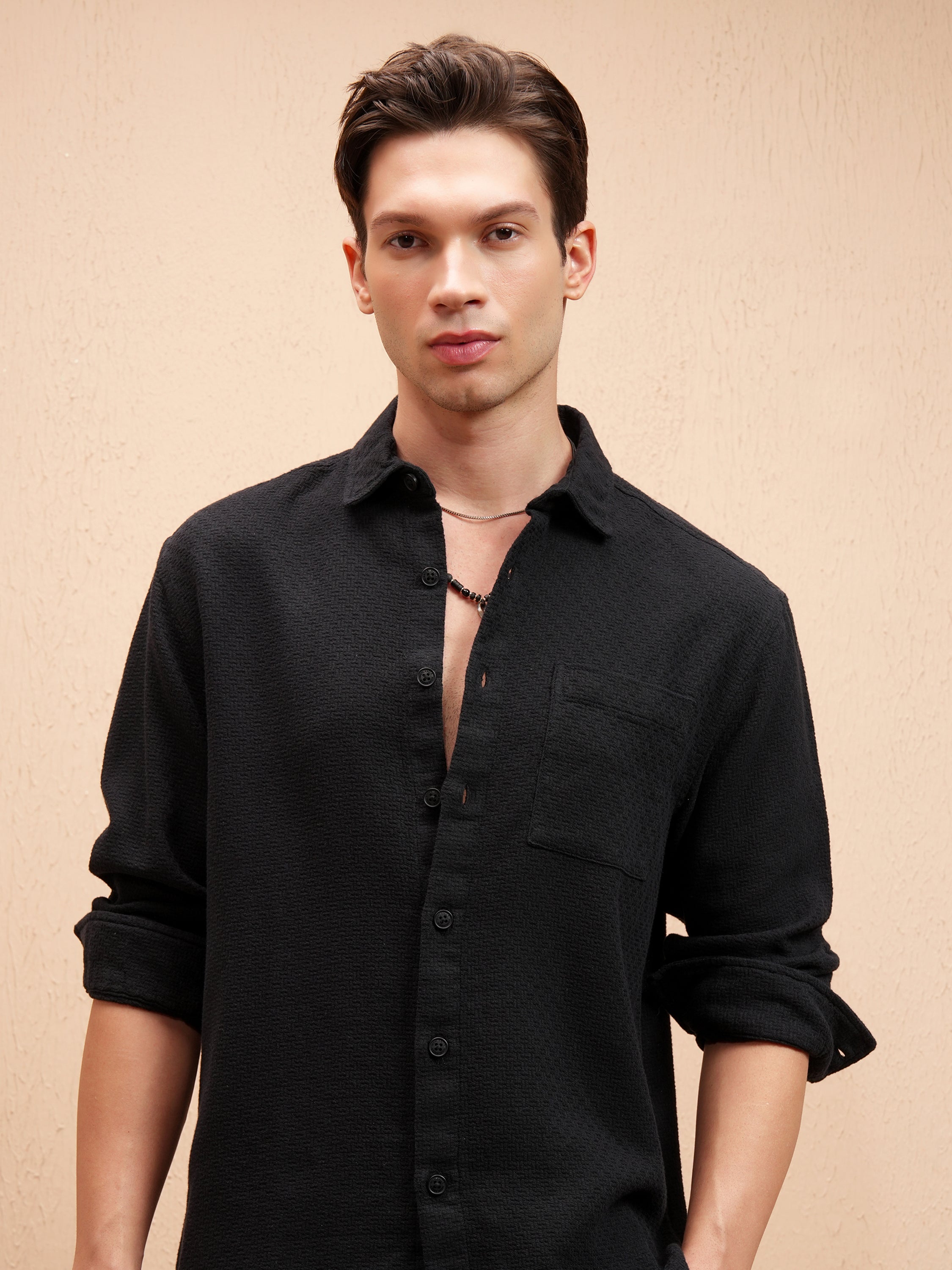 Highlander Men Black Self Design Relaxed Fit Casual Shirt - Black - Image 1