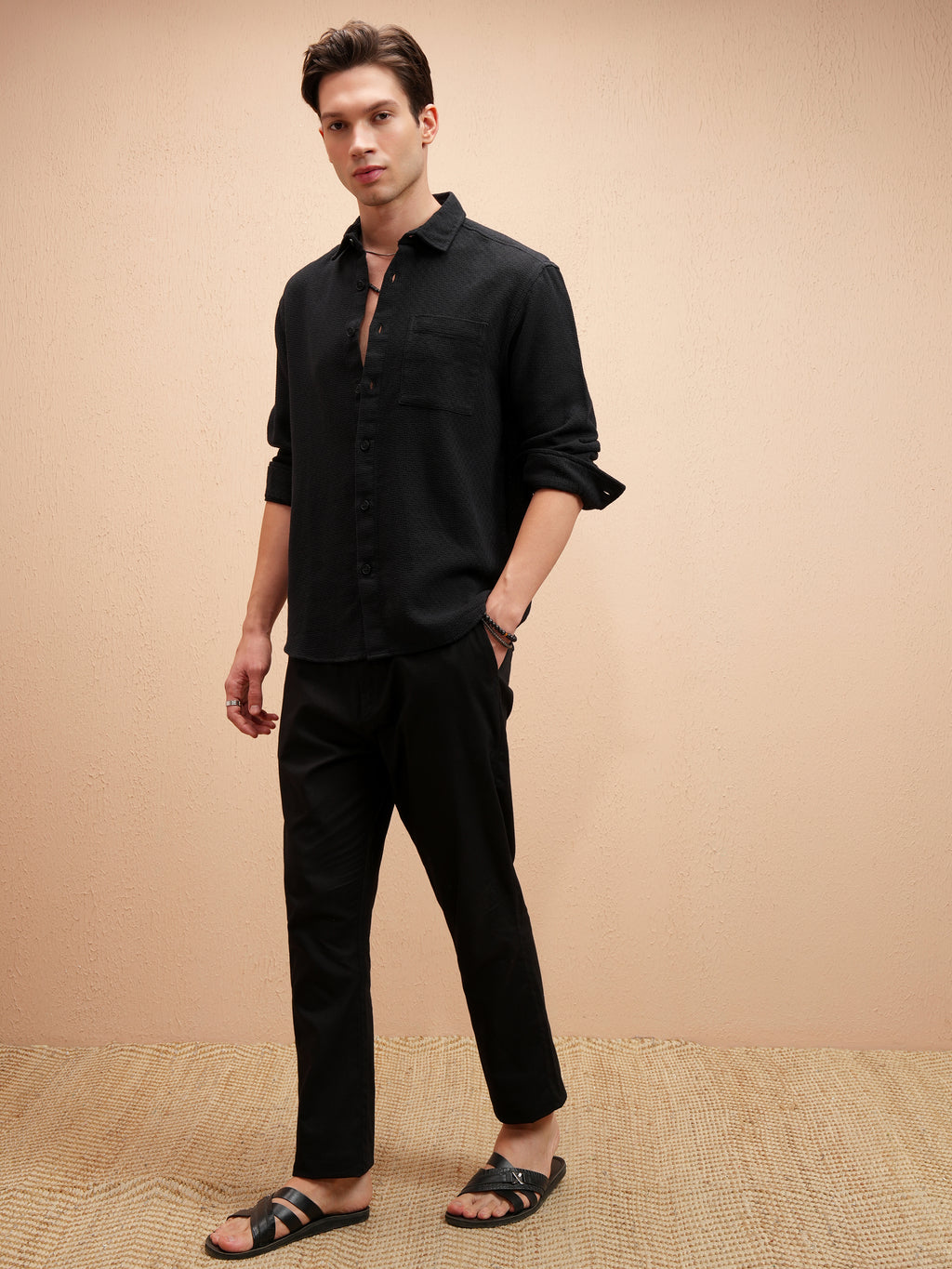 Highlander Men Black Self Design Relaxed Fit Casual Shirt - Black - Image 2