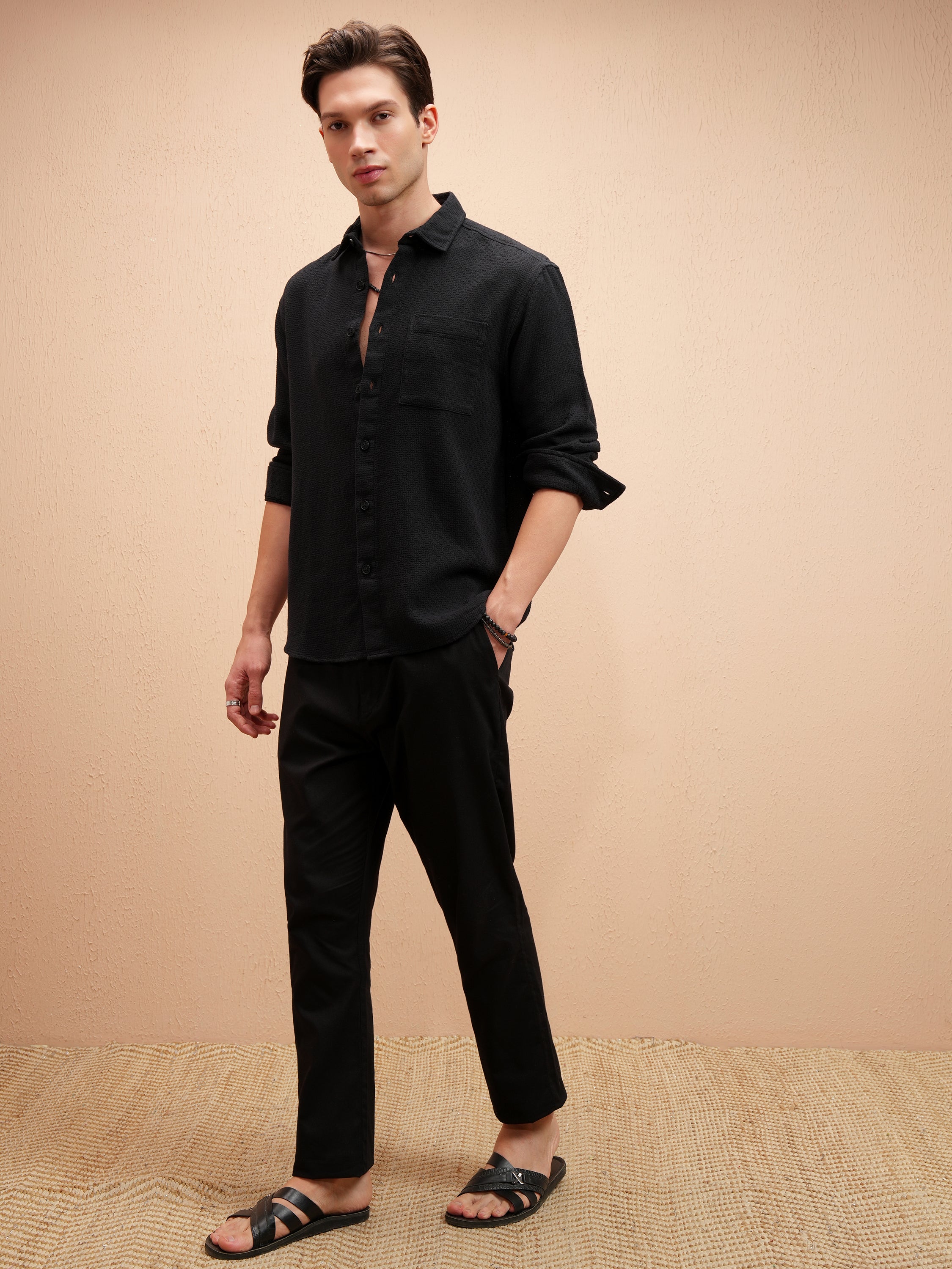 Highlander Men Black Self Design Relaxed Fit Casual Shirt - Black - Image 2