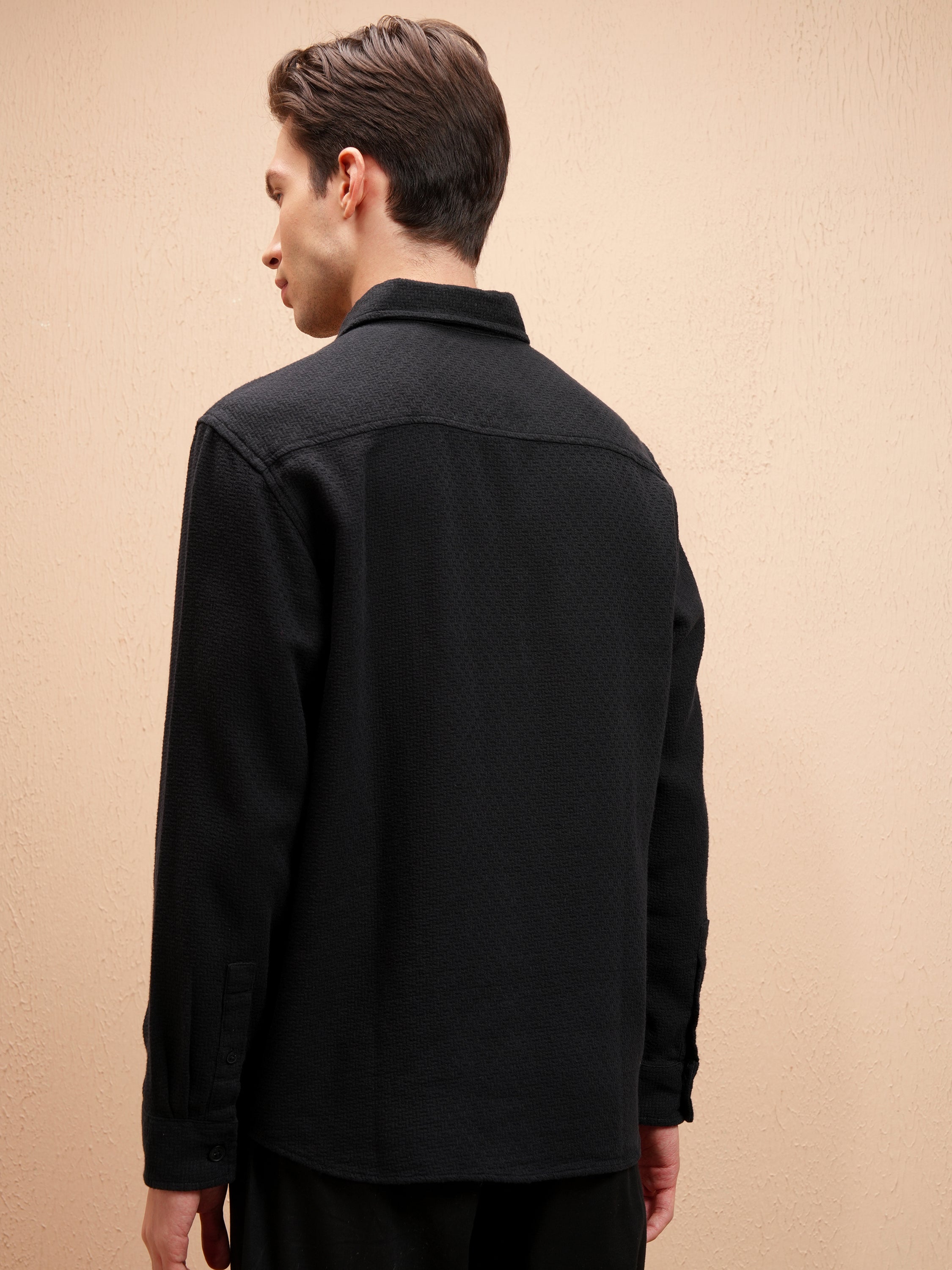 Highlander Men Black Self Design Relaxed Fit Casual Shirt - Black - Image 3