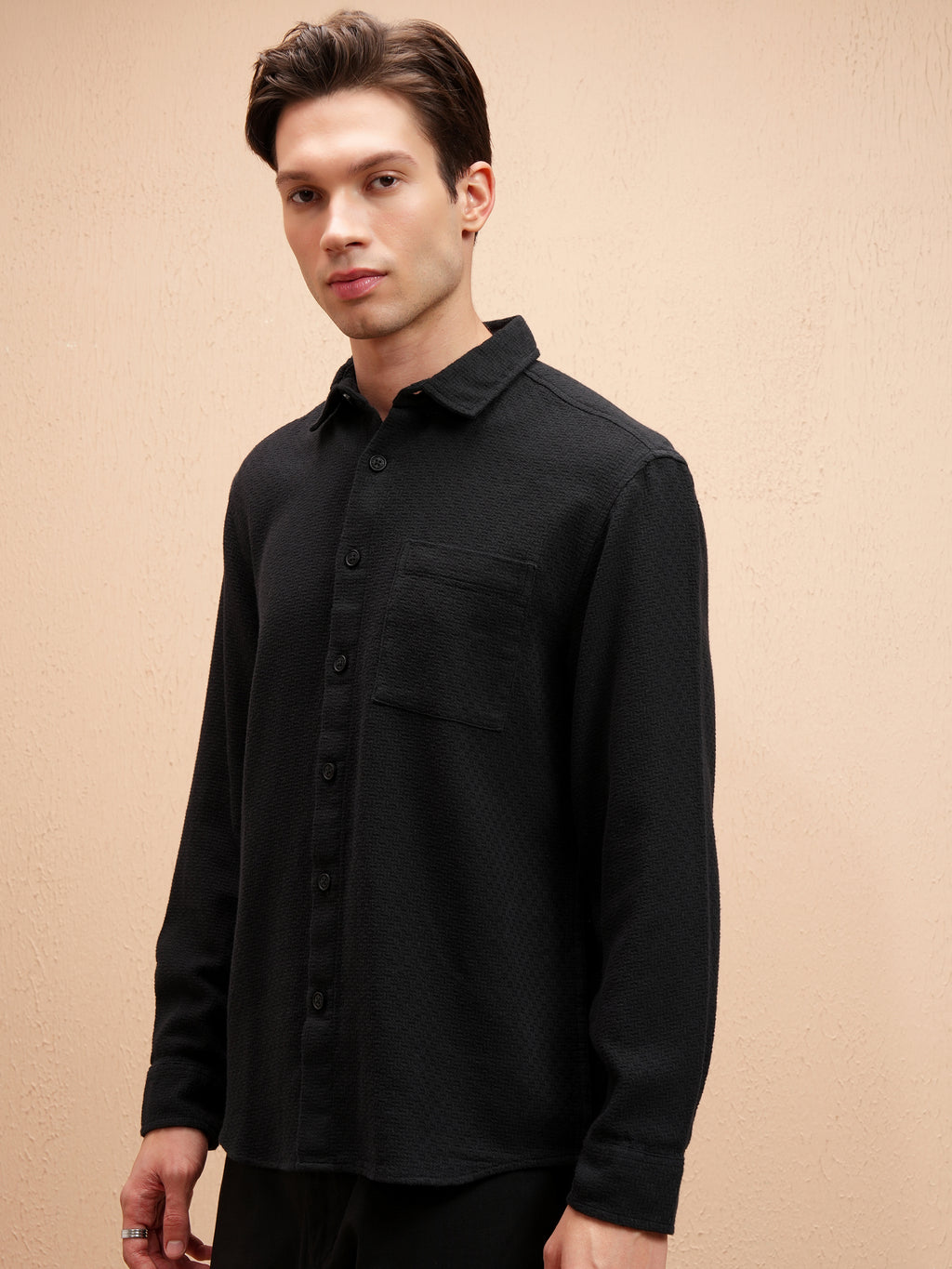 Highlander Men Black Self Design Relaxed Fit Casual Shirt - Black - Image 4