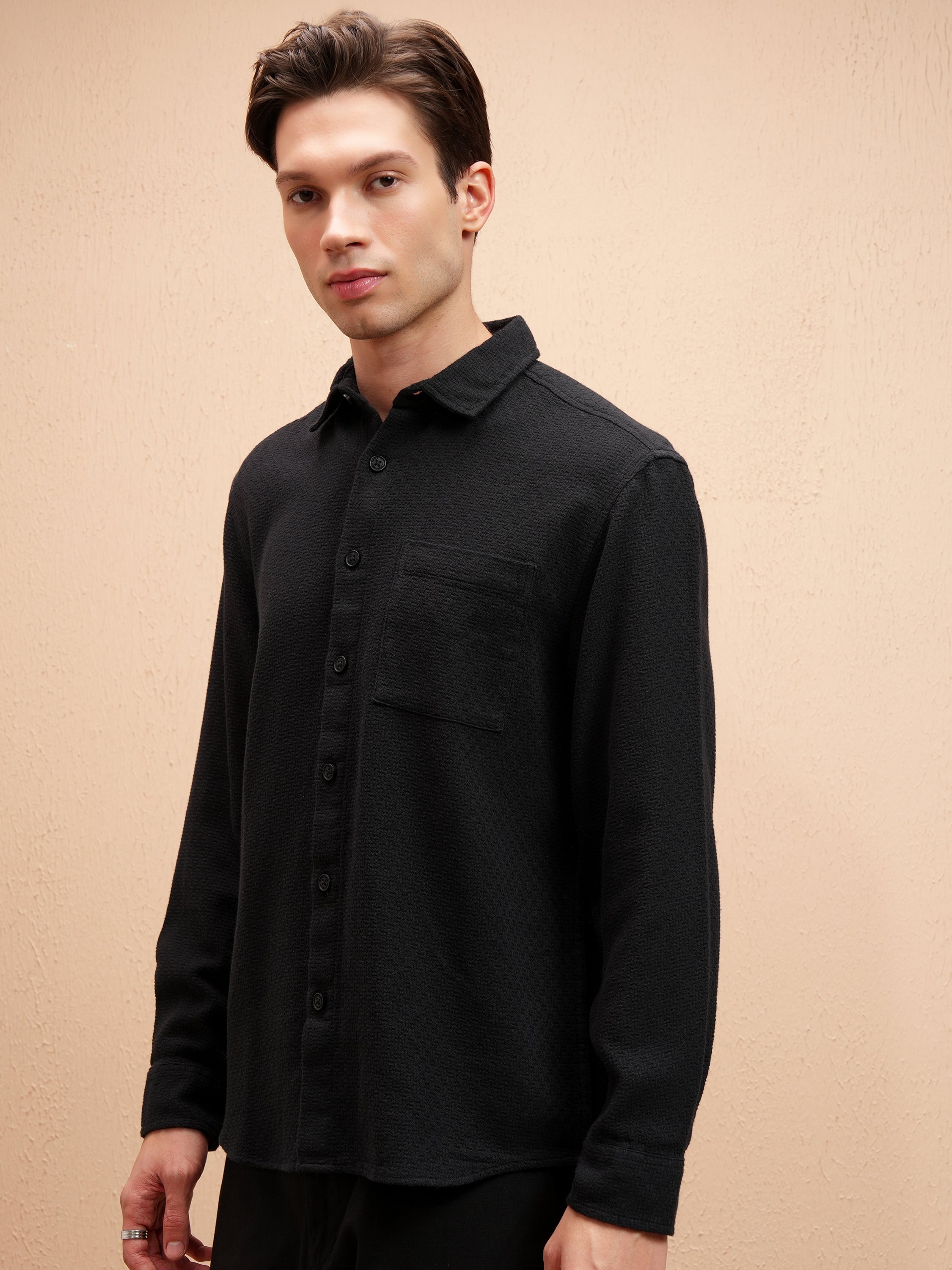 Highlander Men Black Self Design Relaxed Fit Casual Shirt - Black - Image 4