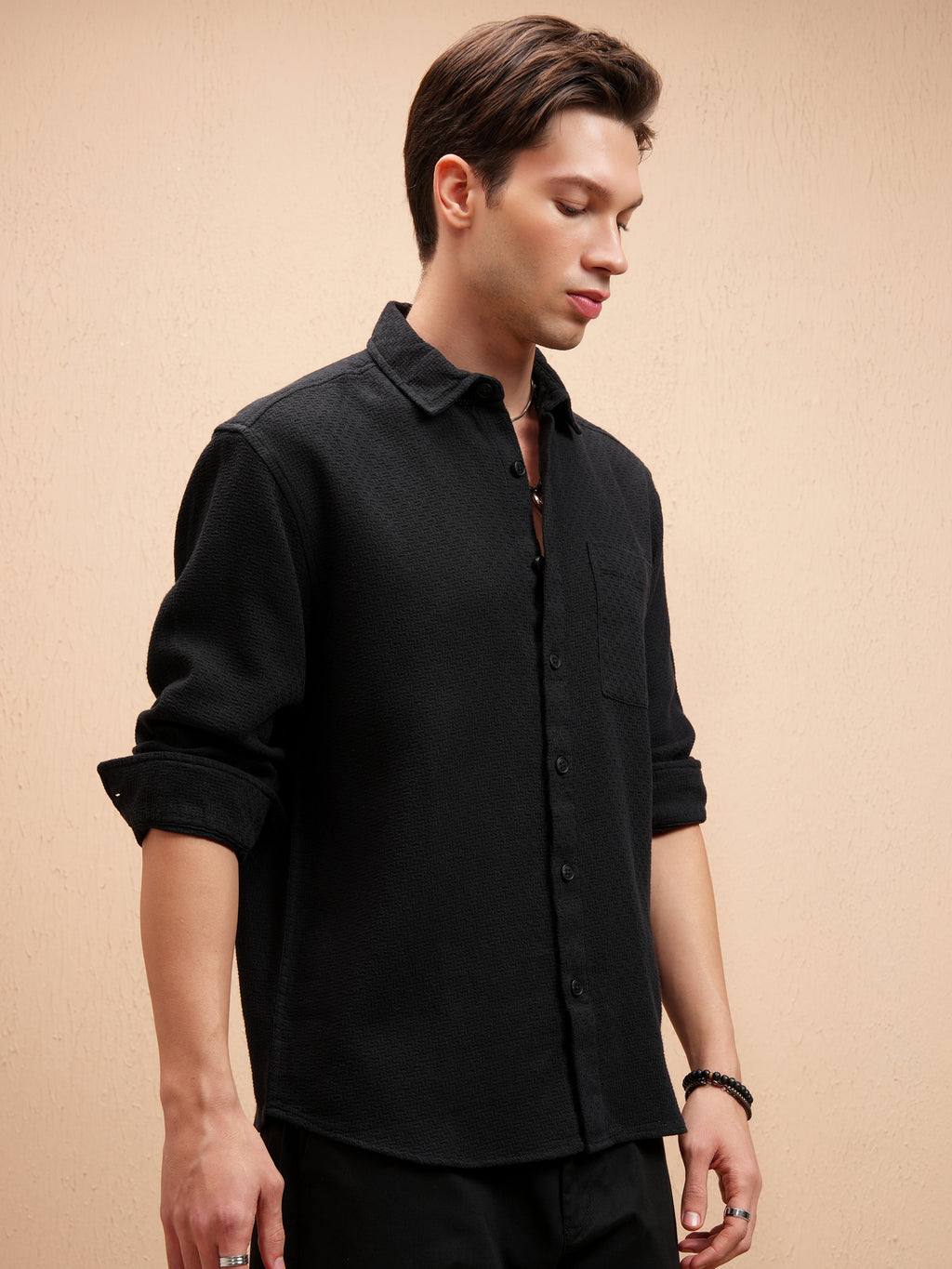 Highlander Men Black Self Design Relaxed Fit Casual Shirt - Black - Image 6