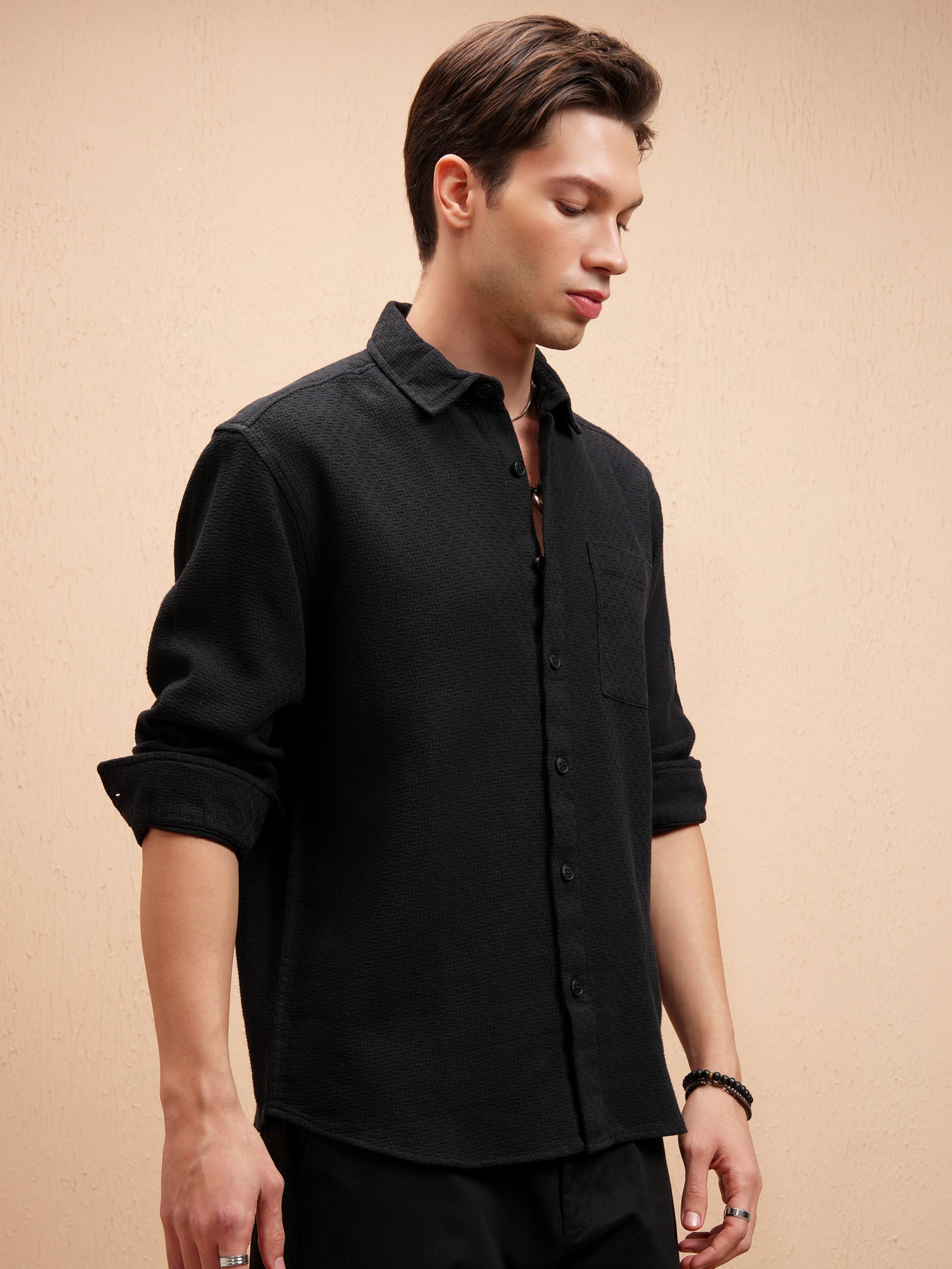 Highlander Men Black Self Design Relaxed Fit Casual Shirt - Black - Image 6