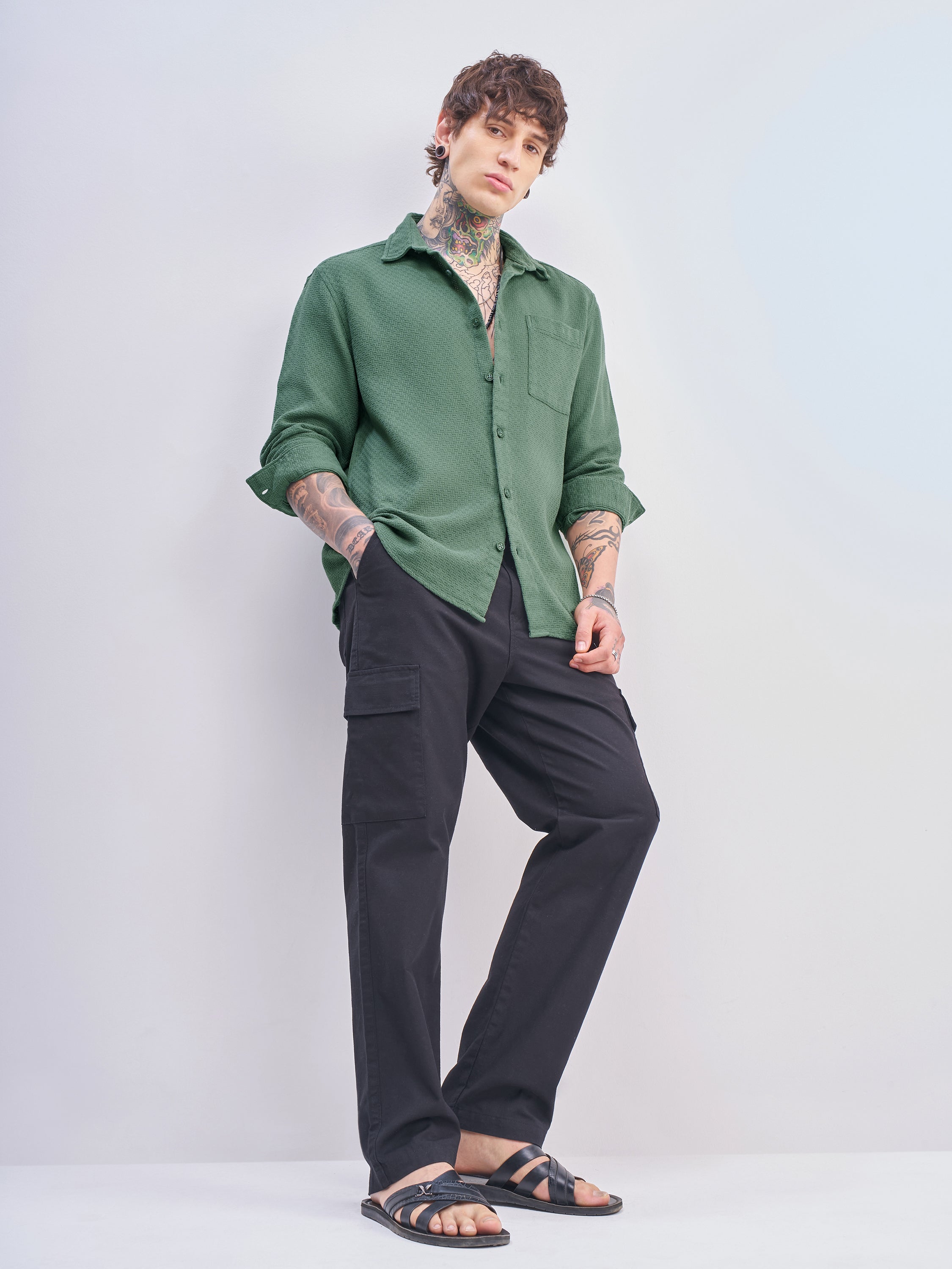 Highlander Men Green Self Design Relaxed Fit Casual Shirt - Green - Image 2