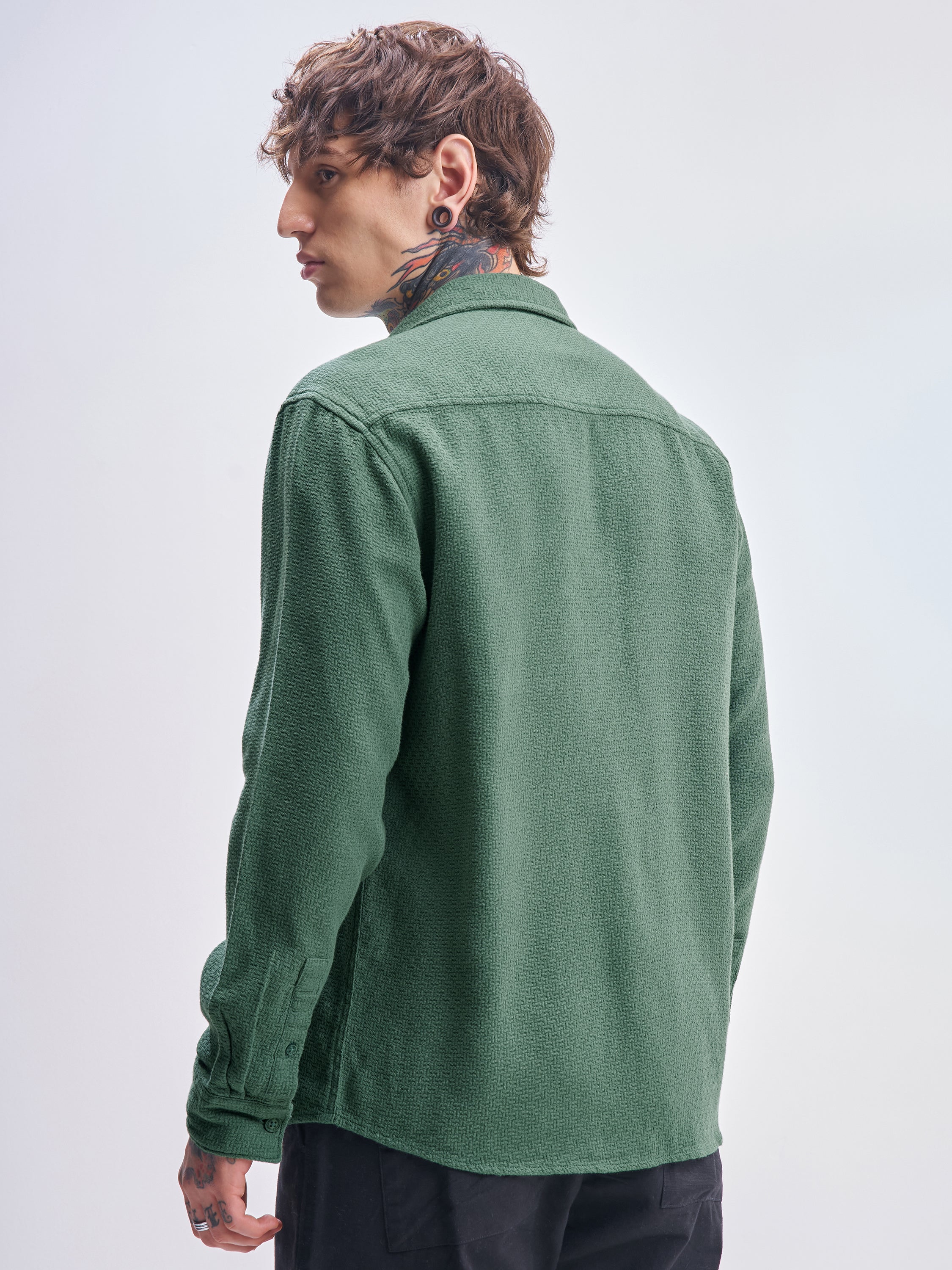Highlander Men Green Self Design Relaxed Fit Casual Shirt - Green - Image 3