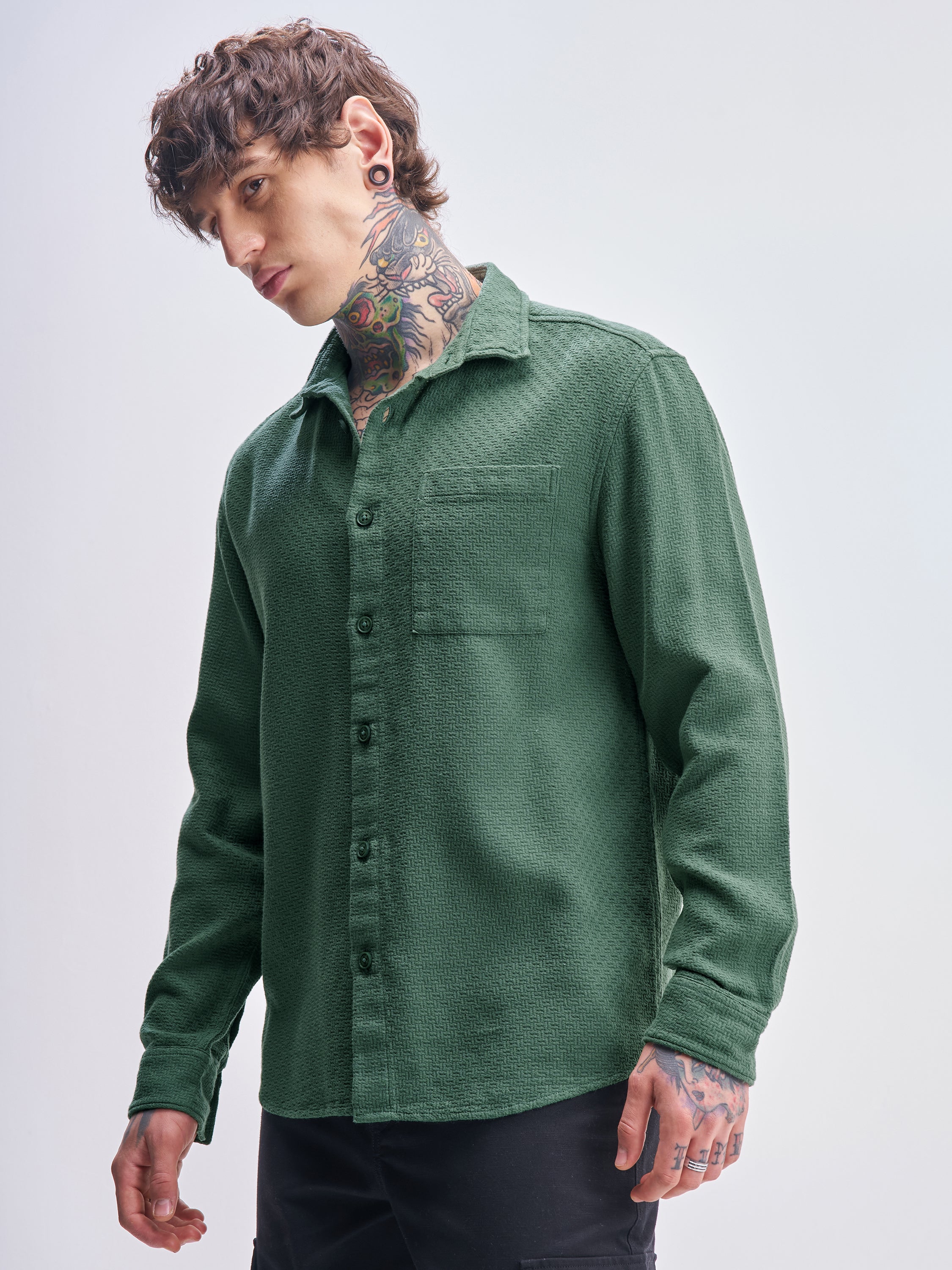 Highlander Men Green Self Design Relaxed Fit Casual Shirt - Green - Image 4