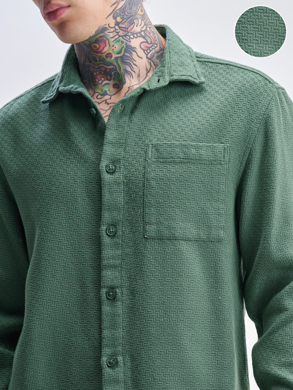 Highlander Men Green Self Design Relaxed Fit Casual Shirt - Green - Image 5