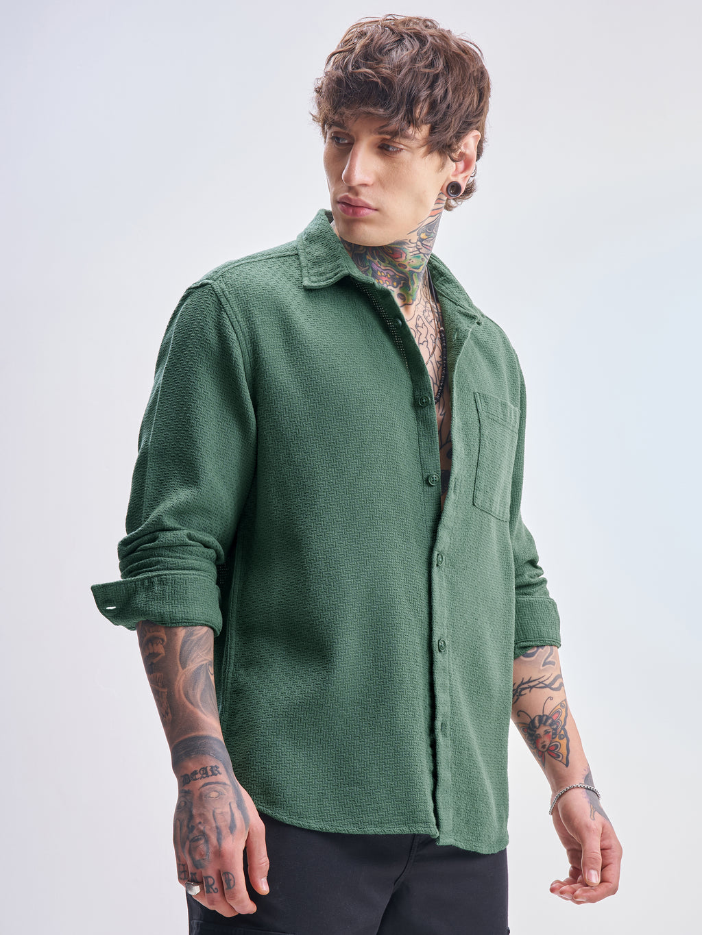 Highlander Men Green Self Design Relaxed Fit Casual Shirt - Green - Image 6