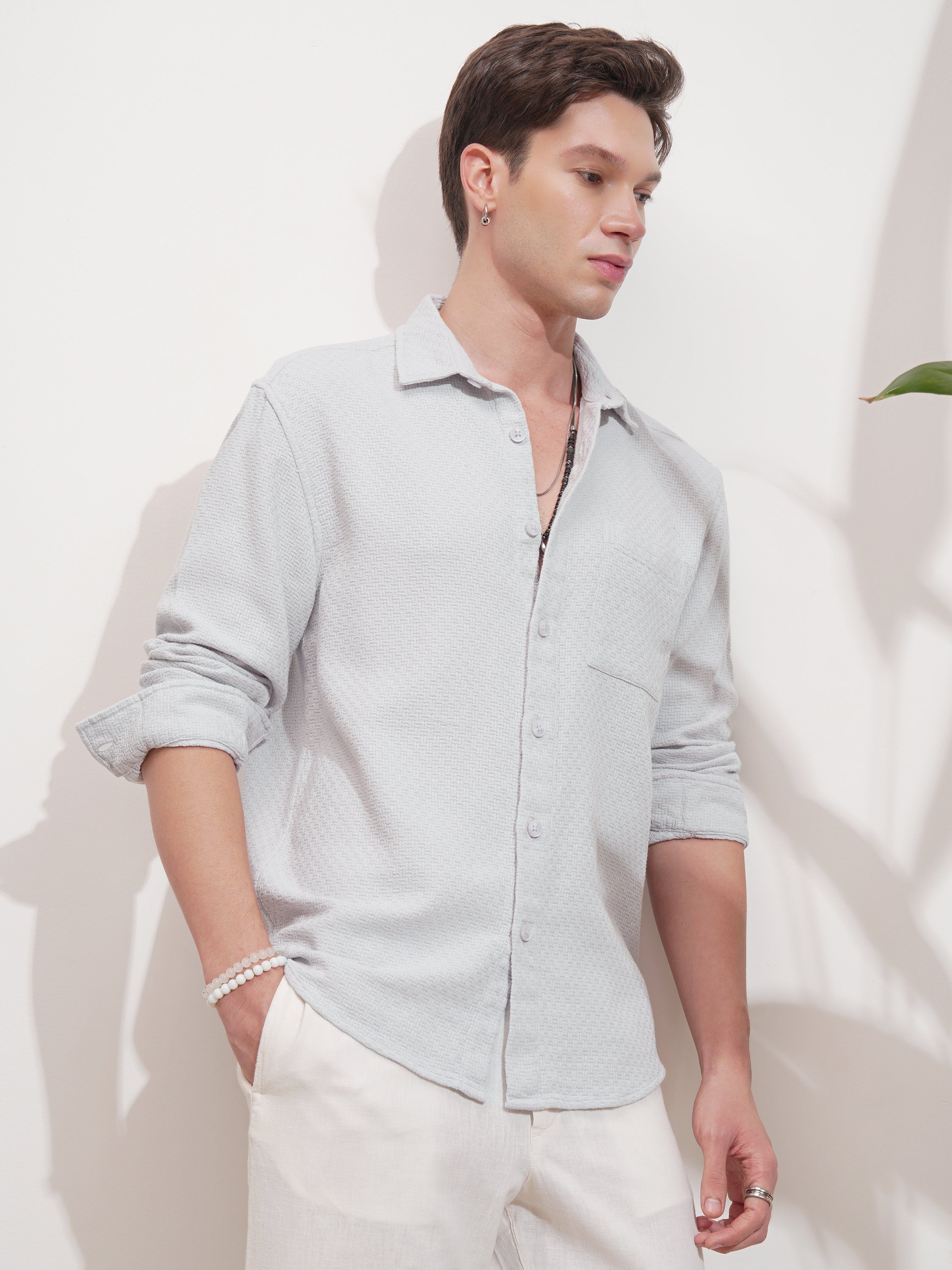 Highlander Men Grey Self Design Relaxed Fit Casual Shirt - Grey - Image 6